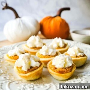 Mini Pumpkin Pie Bites. The best bite-size mini pumpkin pies perfect for entertaining during the holiday season. Creamy pumpkin pie filling in buttery pie crust cups topped with fresh whipped cream.