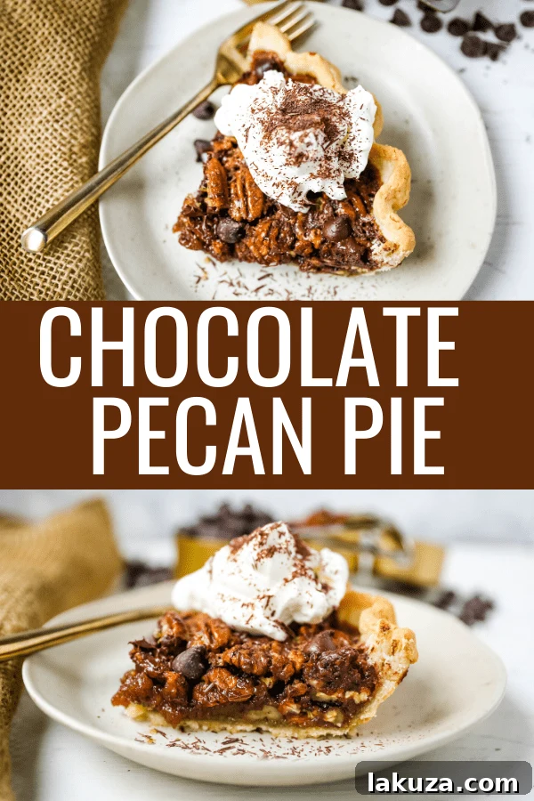 Chocolate Pecan Pie on a white plate with a fork, ready to be eaten