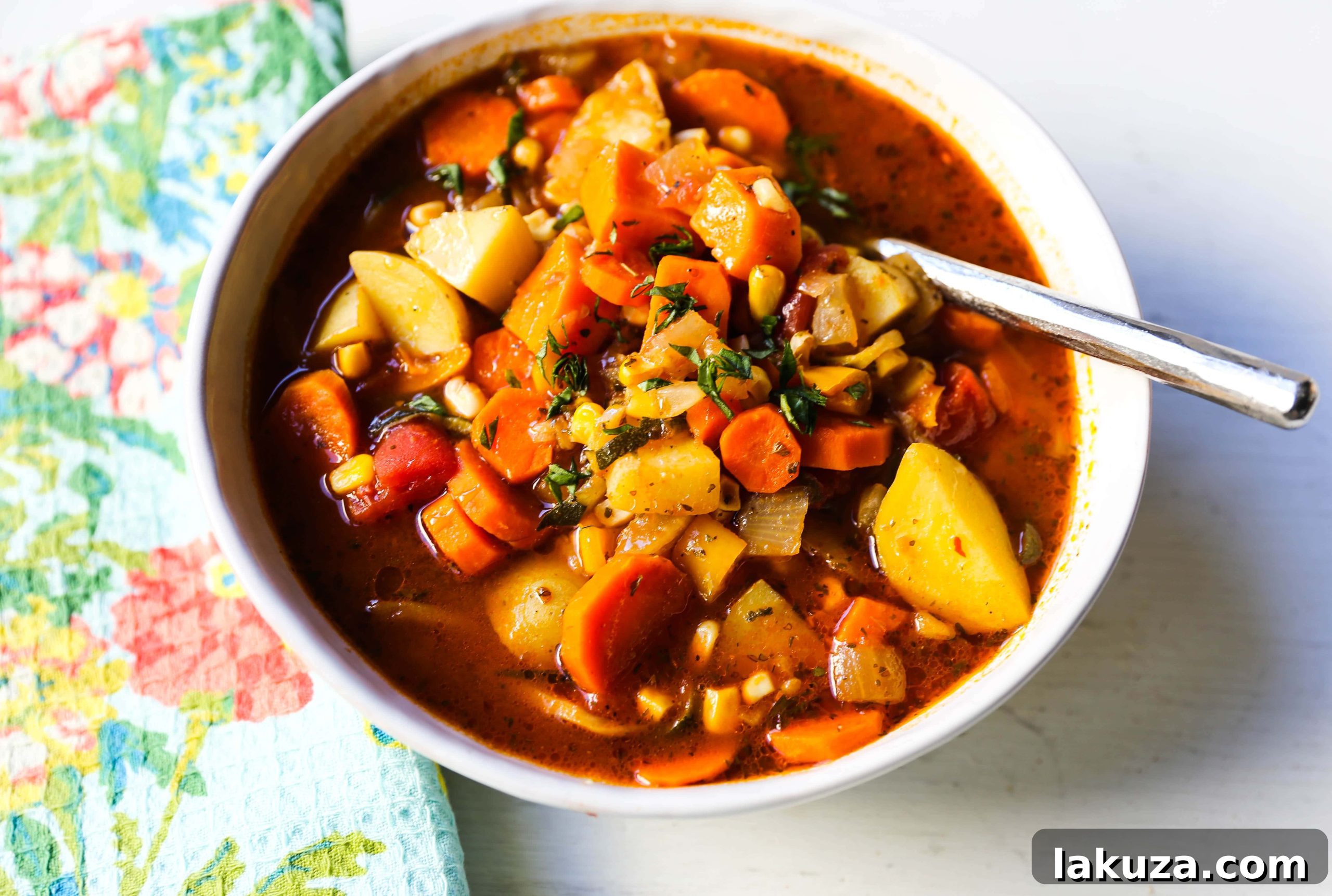Nutrient-Rich Reset Soup 5 A large pot of homemade vegetable soup simmering on the stovetop, filled with chunky vegetables and rich broth.