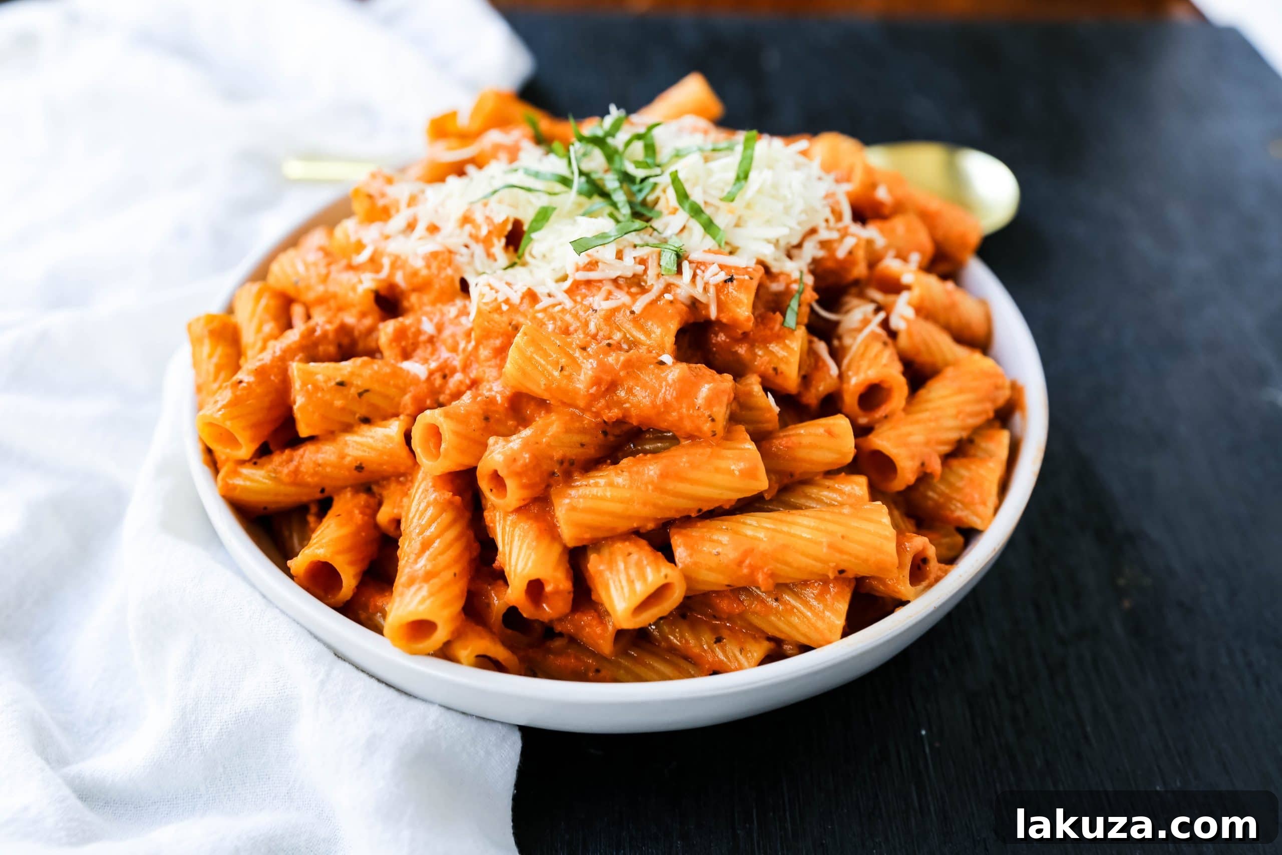 Creamy Roasted Red Pepper Pasta - A luscious pasta dish featuring a creamy roasted red pepper and tomato basil sauce with garlic, heavy cream, and parmesan cheese.