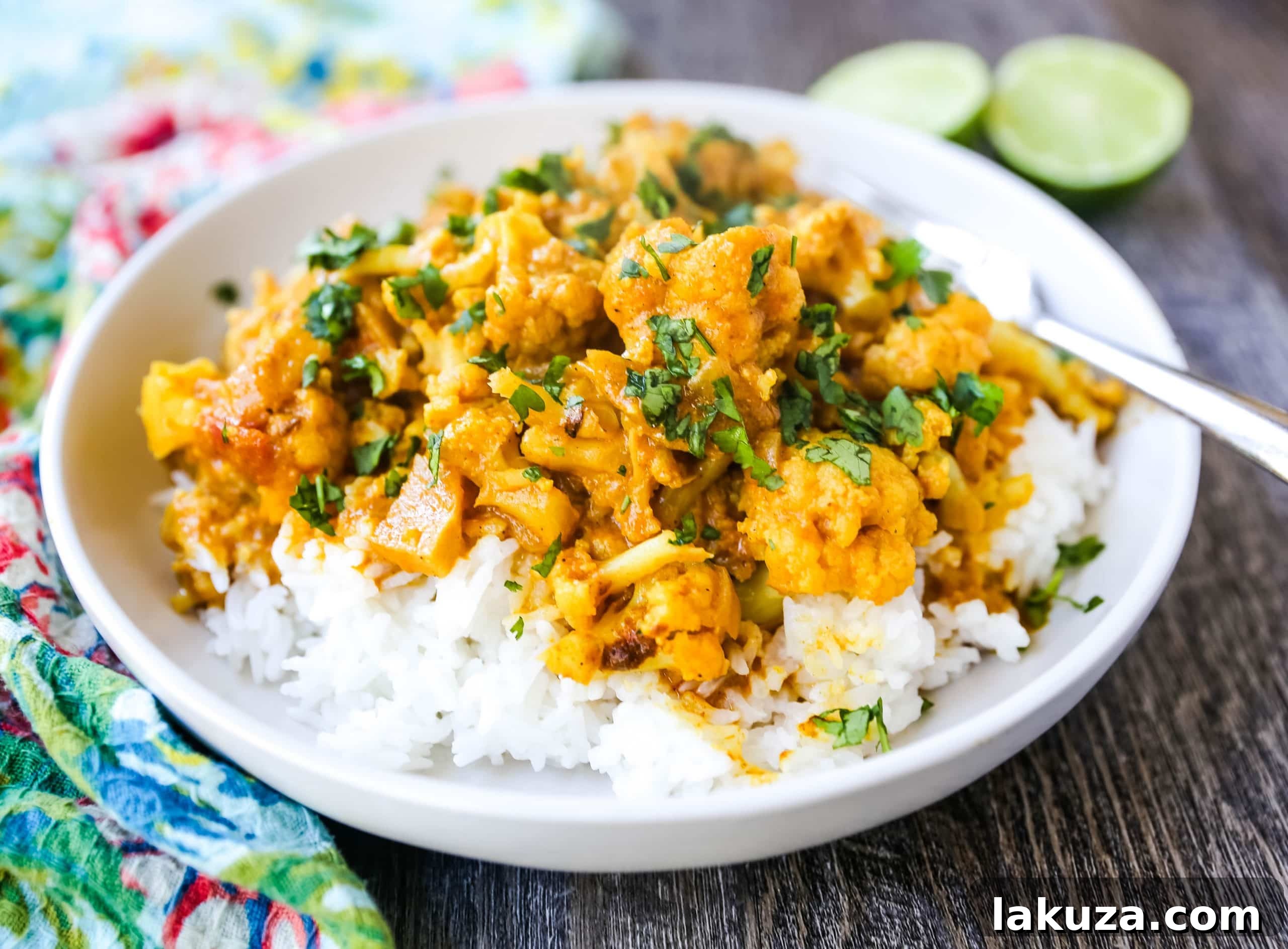 Close-up of creamy Coconut Cauliflower Curry garnished with fresh cilantro, ready to be served.