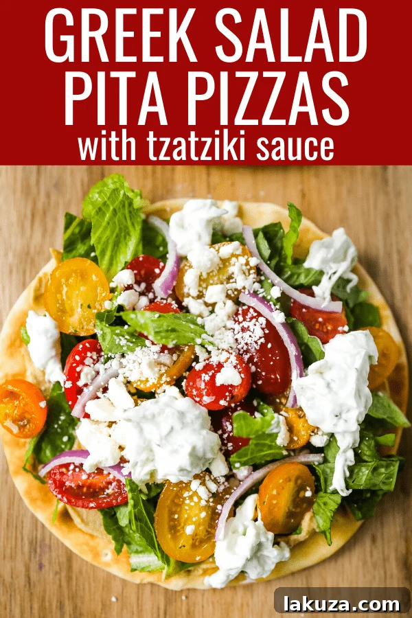 Zesty Greek Pita Pizzas 7 A vibrant and colorful Greek Salad Pita Pizza served on a white plate, cut into wedges, ready to eat, with fresh ingredients clearly visible and inviting.