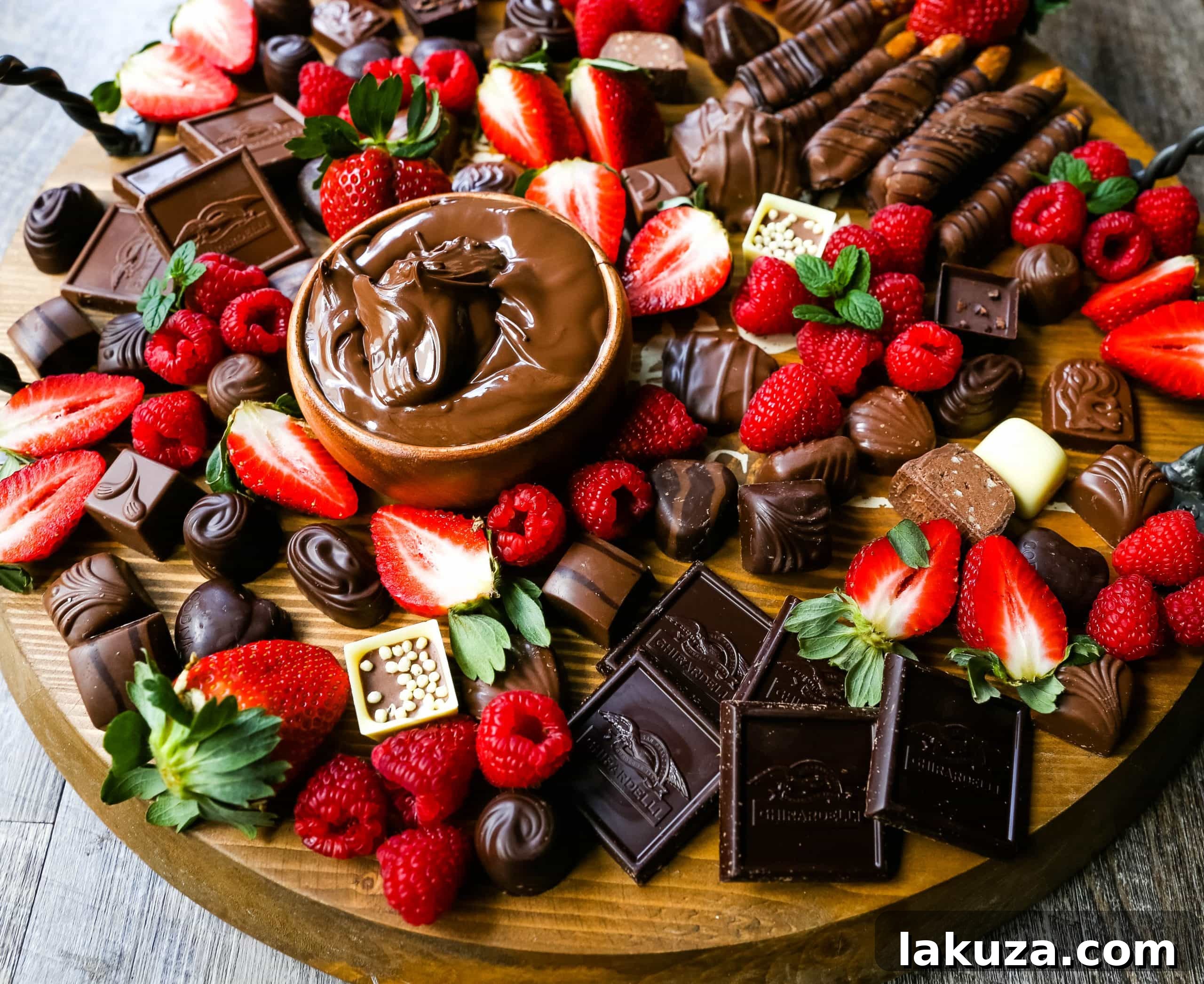 Decadent Chocolate Spread 3 Close-up of a lavish chocolate dessert board overflowing with various chocolates, berries, and a bowl of Nutella, ideal for entertaining guests.