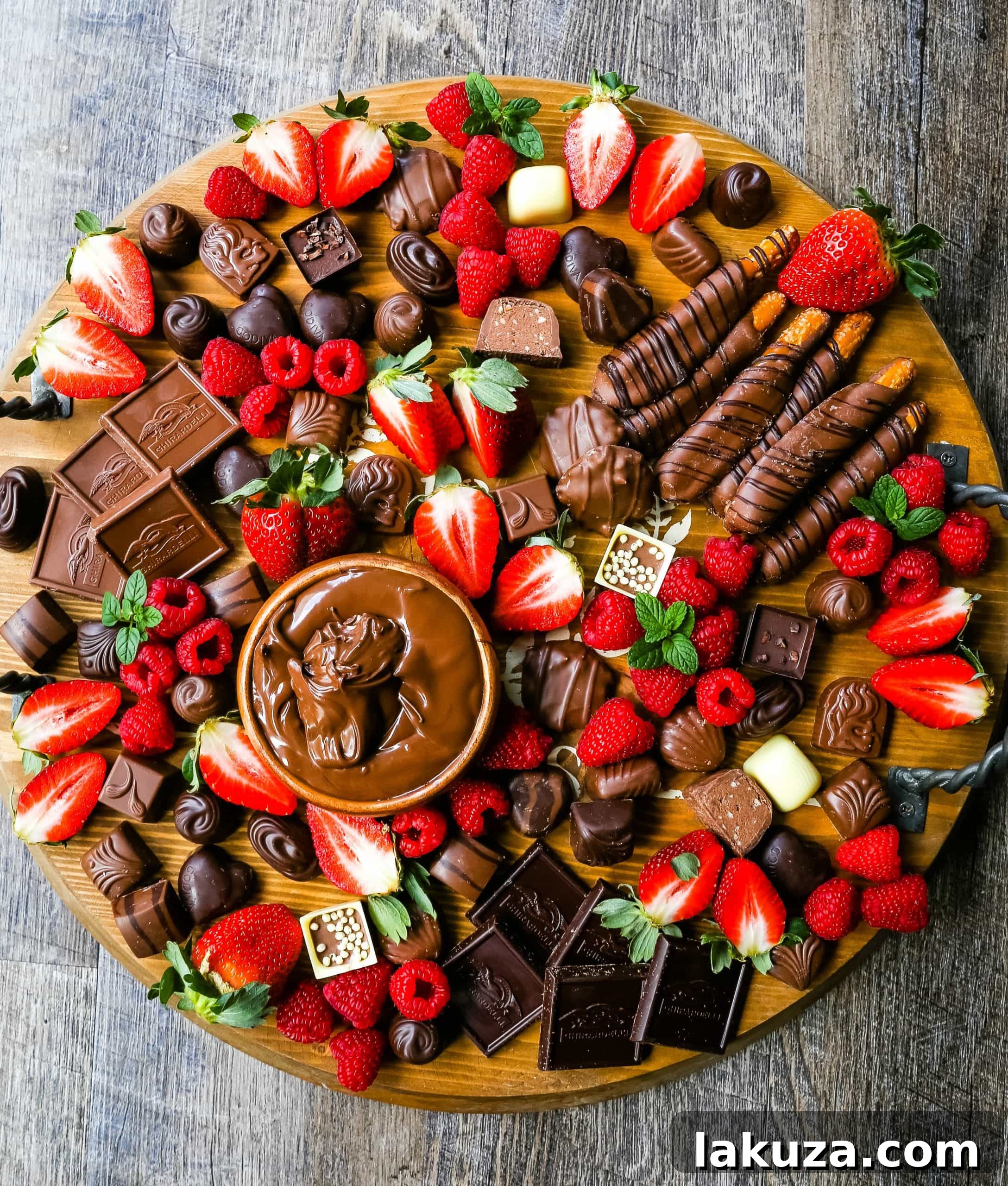 Decadent Chocolate Spread 4 A person arranging various chocolates, berries, and a bowl of Nutella on a wooden charcuterie board for a chocolate dessert spread.