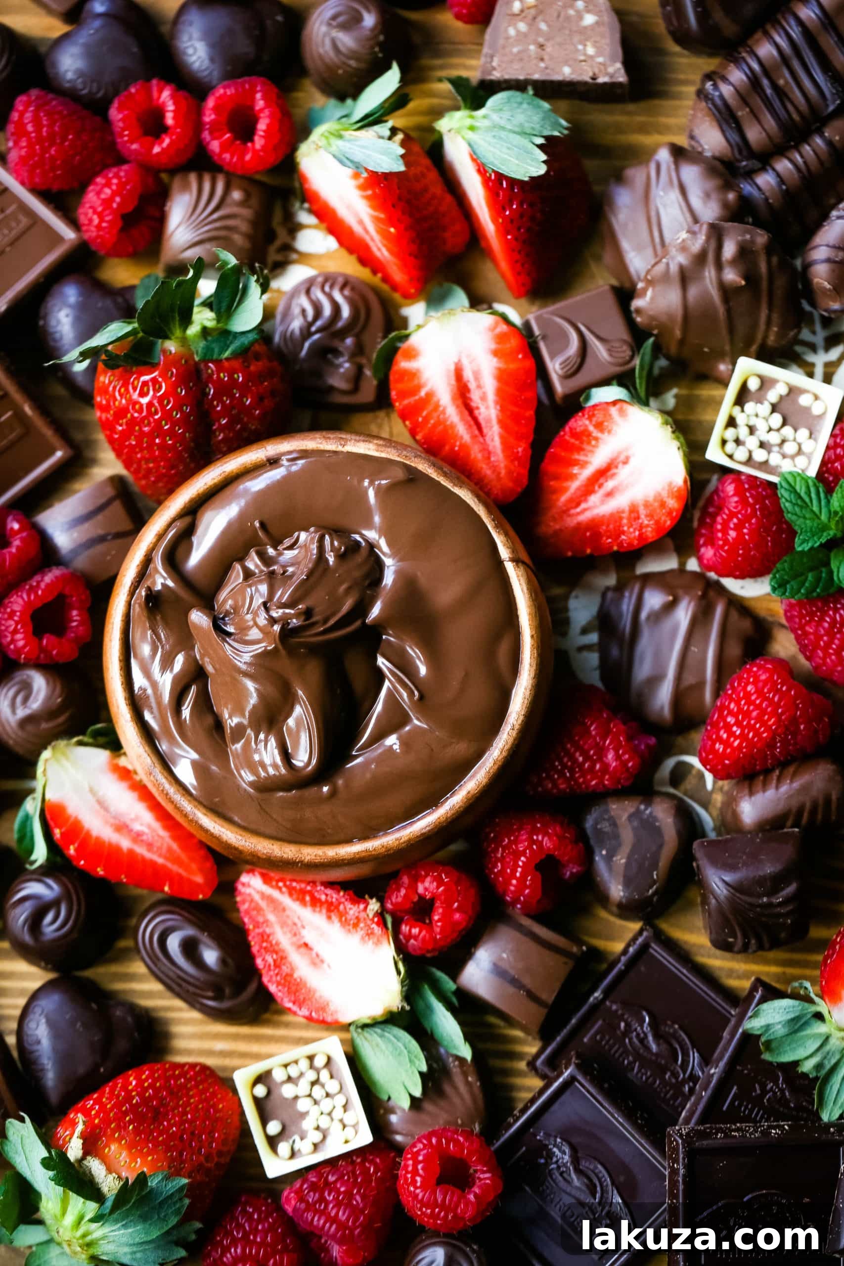 Decadent Chocolate Spread 5 An elegantly arranged chocolate dessert board featuring a wide array of chocolates, berries, and Nutella, ready for serving at a party.