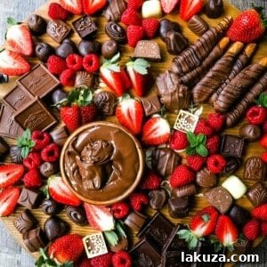 Chocolate Dessert Board with truffles, hearts, pretzels, Nutella, and berries