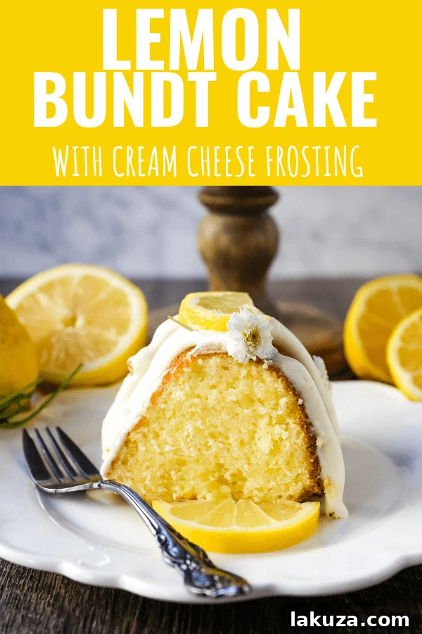 Overhead shot of a delicious lemon bundt cake with fresh lemon zest and slices as garnish.