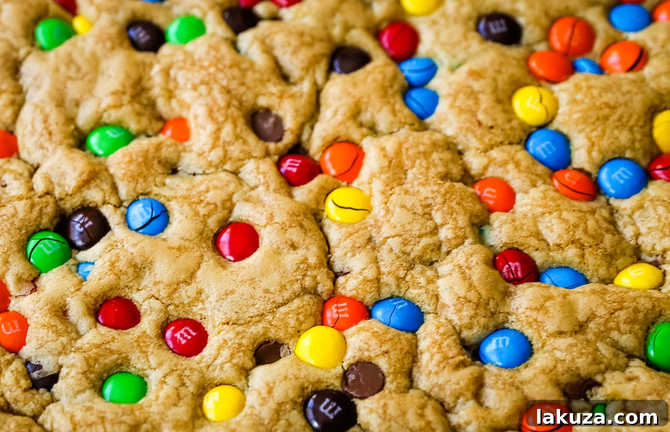 Freshly baked M&M cookie bars in a baking pan, ready to be cut