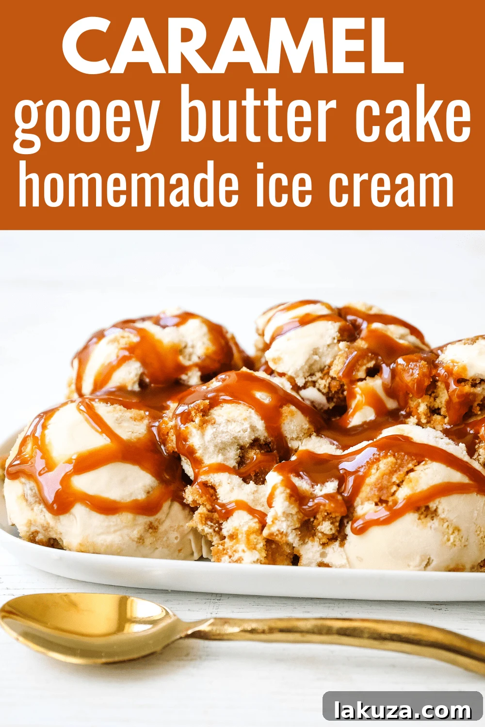 Decadent Caramel Gooey Butter Cake Ice Cream 6 A hand scooping creamy Caramel Gooey Butter Cake Ice Cream from a container, showcasing its rich texture and inclusions.