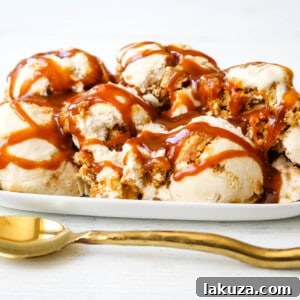 Decadent Caramel Gooey Butter Cake Ice Cream 7 Caramel Gooey Butter Cake Ice Cream. Creamy homemade vanilla ice cream with chunks of homemade butter cake and swirls of decadent sweet caramel.