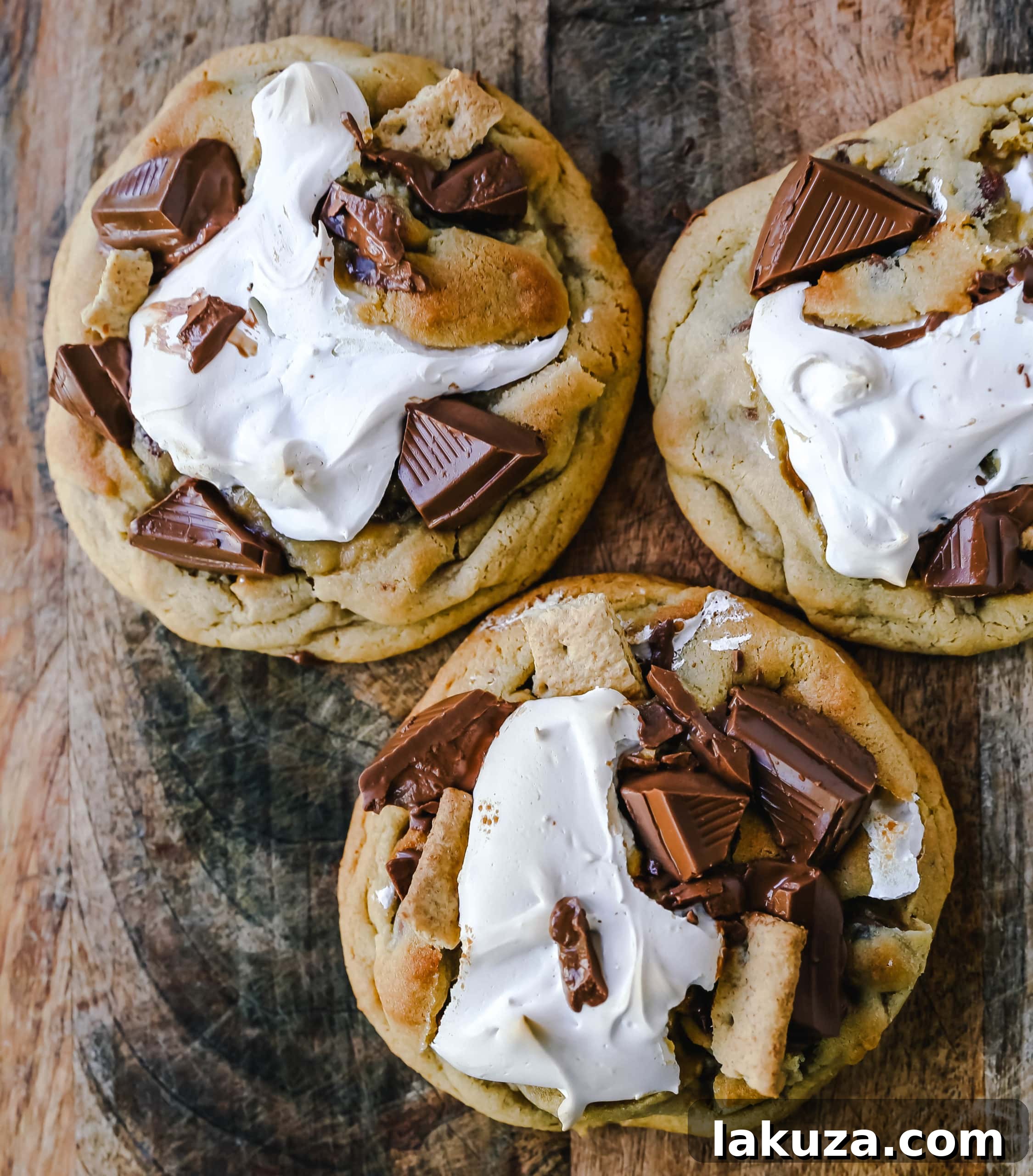 Close-up of freshly baked Chocolate Chip S'mores Cookies, showcasing the perfectly toasted marshmallow fluff and melted chocolate.