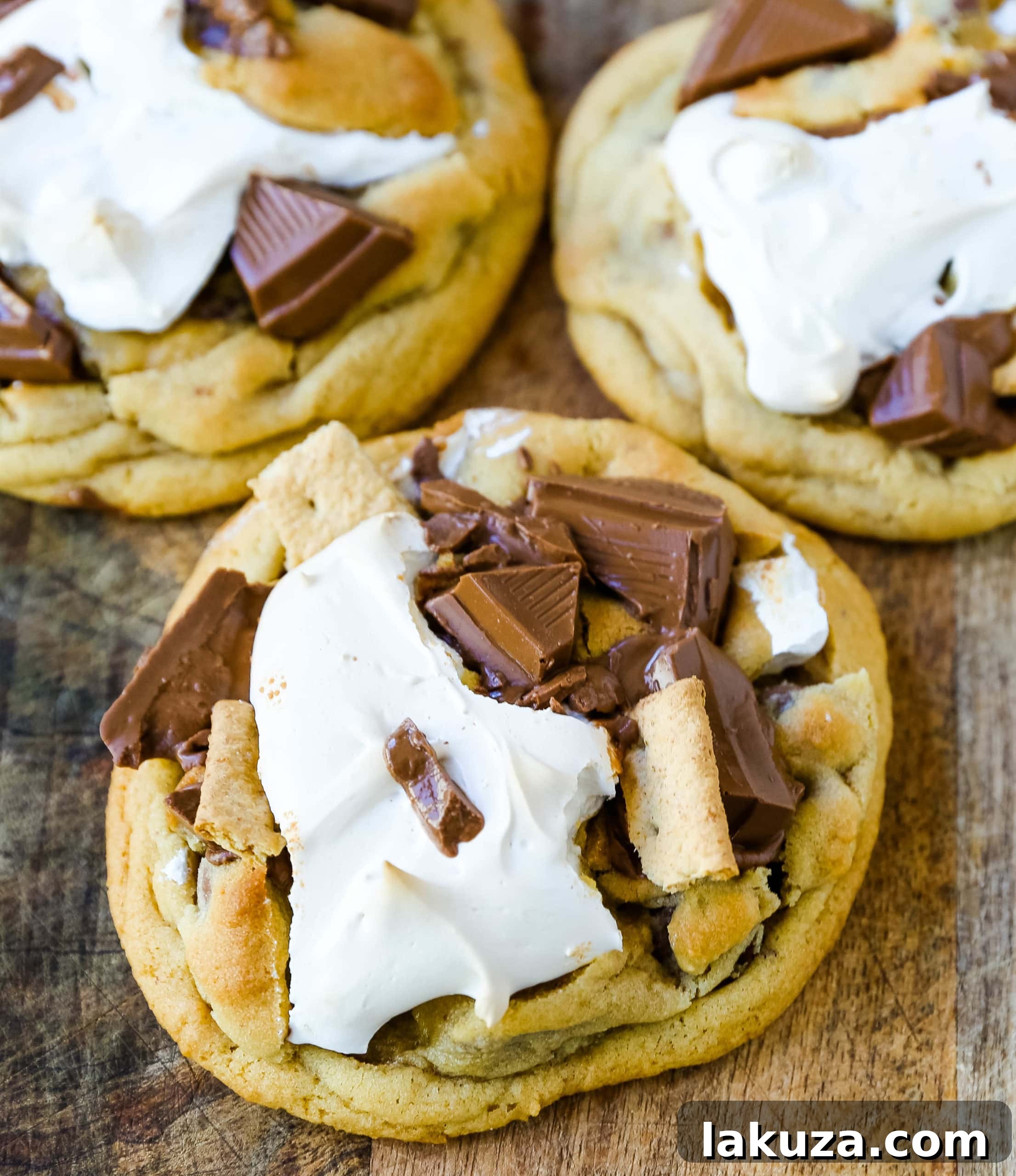 Plate of homemade Chocolate Chip S'mores Cookies, adorned with melted chocolate chunks, marshmallow fluff, and graham cracker pieces. Ready to be enjoyed.