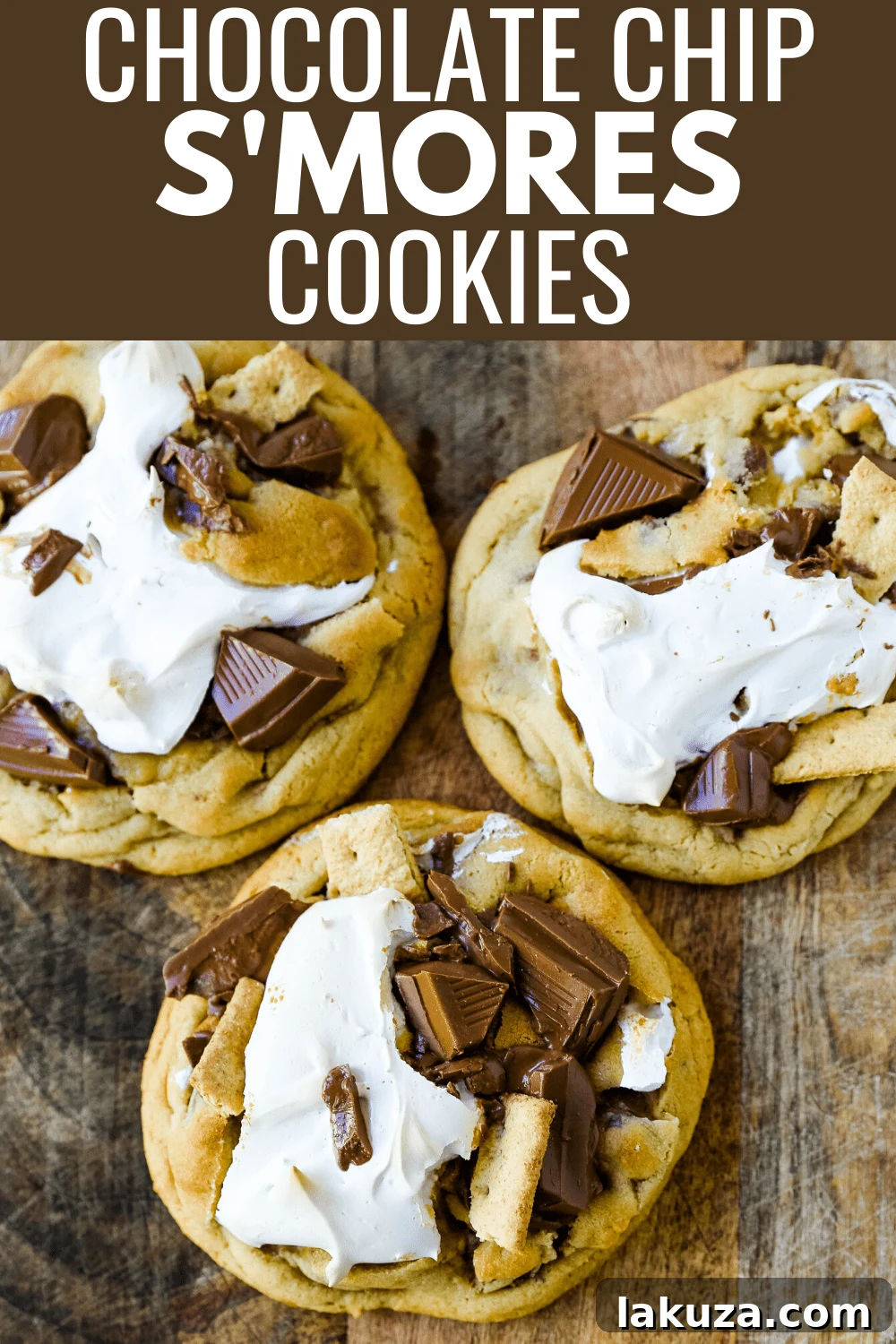 An irresistible Chocolate Chip S'mores Cookie with golden edges, a soft center, melted marshmallow, and visible chocolate chunks and graham cracker bits.