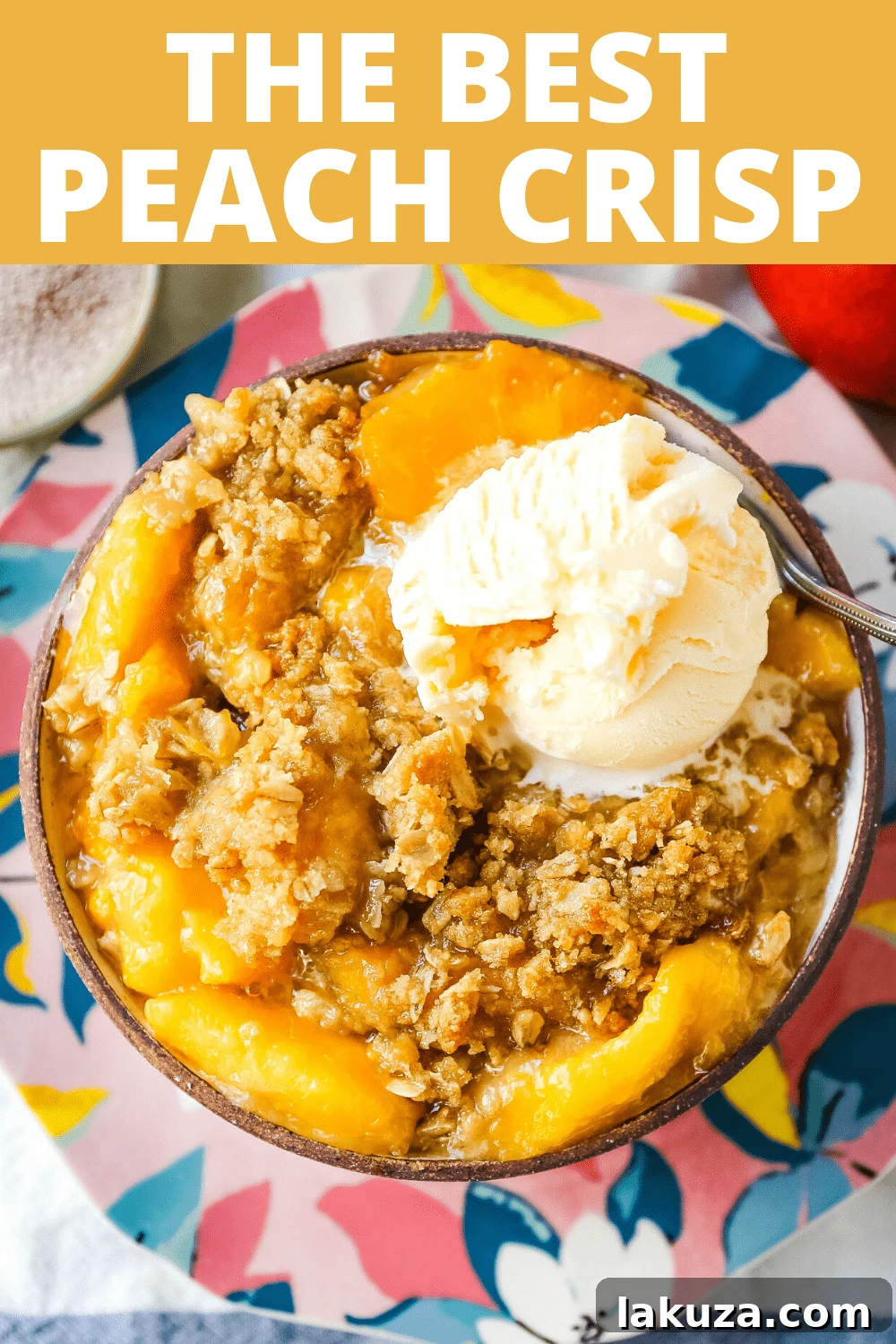 Golden Peach Delight 6 A stunning shot of a finished Peach Crisp, garnished with mint and served with ice cream, ideal for a summer gathering.