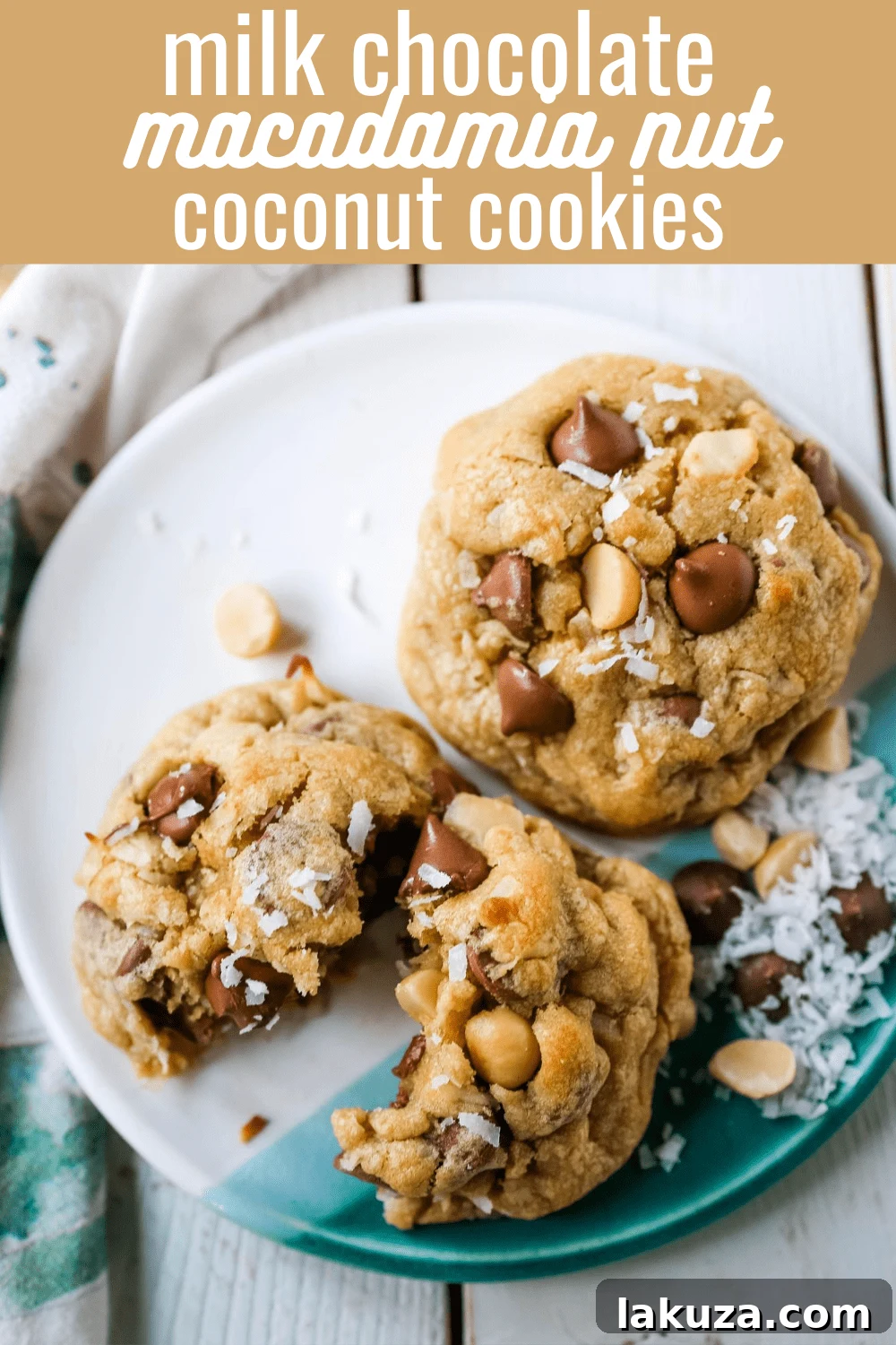 Irresistible Milk Chocolate Macadamia Coconut Cookies 7 A stunning overhead shot of a single Milk Chocolate Chip Macadamia Nut Coconut Cookie, showcasing its perfect round shape and luscious texture.