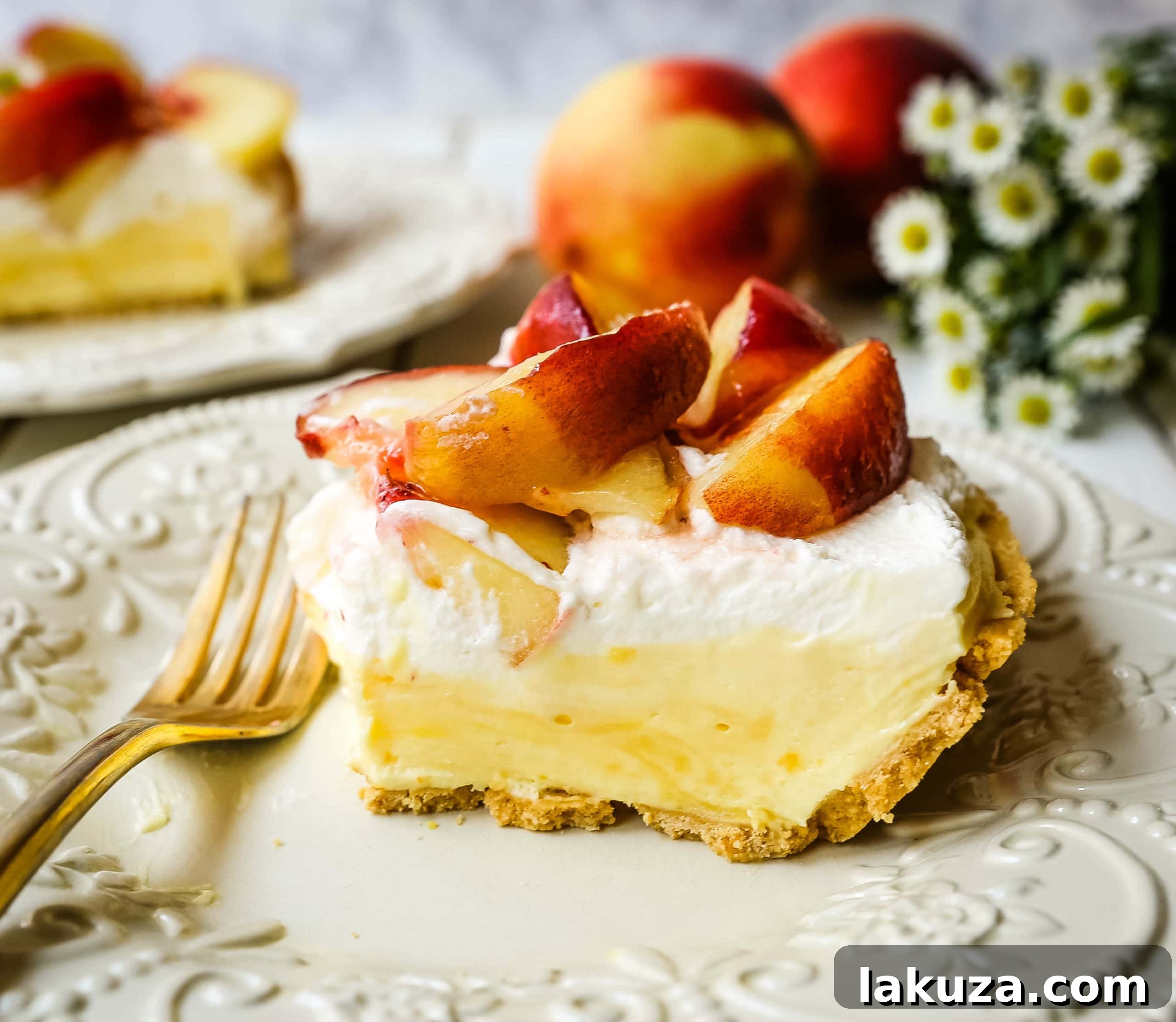 A slice of the decadent Peaches and Cream Pie, showing the layers of graham cracker crust, vanilla custard, and fresh peach topping.
