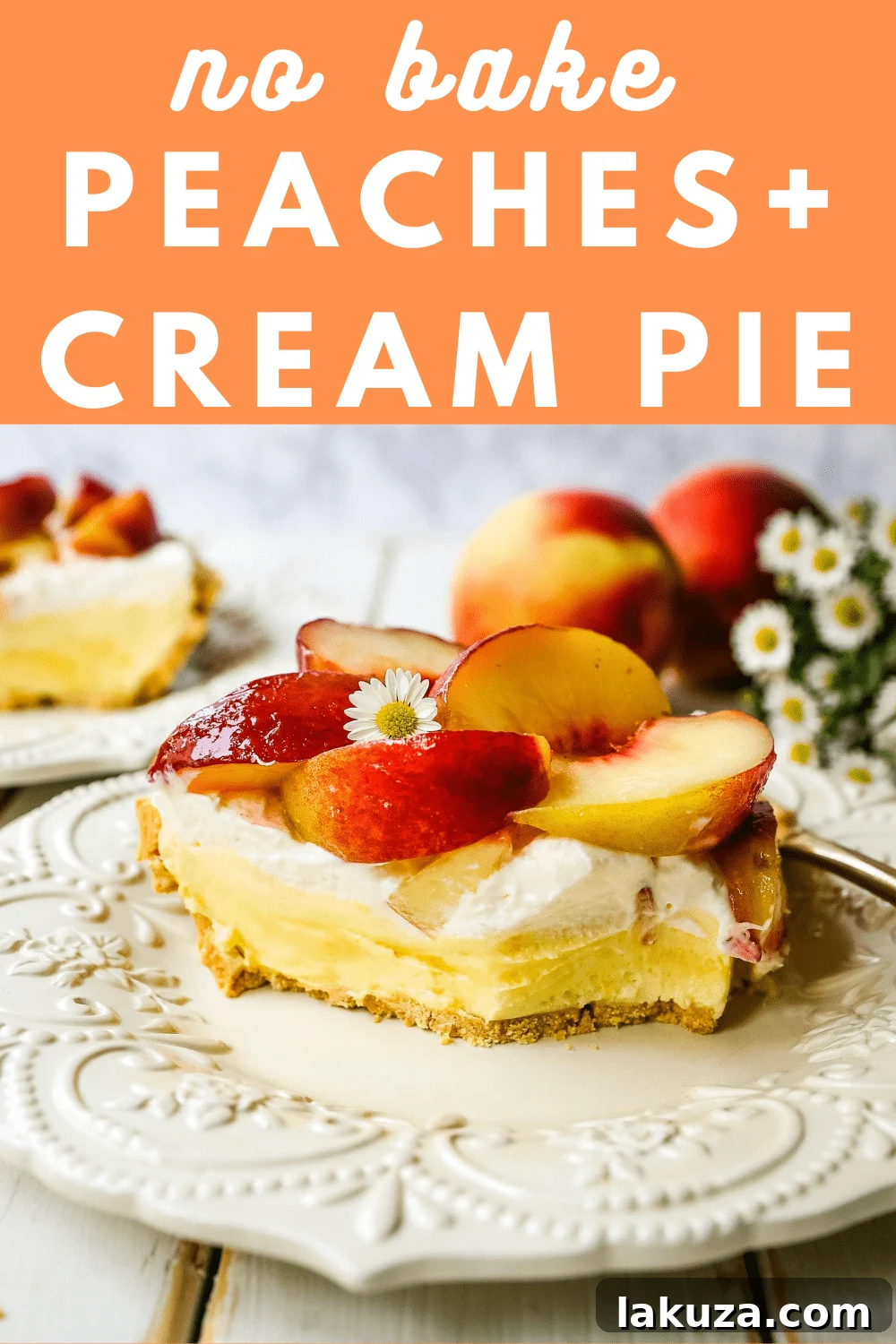 A high-angle shot of a beautifully presented slice of Peaches and Cream Pie on a white plate, garnished with fresh mint.