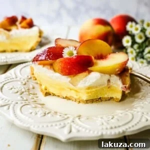 Peaches and Cream Pie. A quick and easy no-bake creamy peach pie with a buttery graham cracker crust, a sweet custard filling, fresh whipped cream, and sliced peaches.