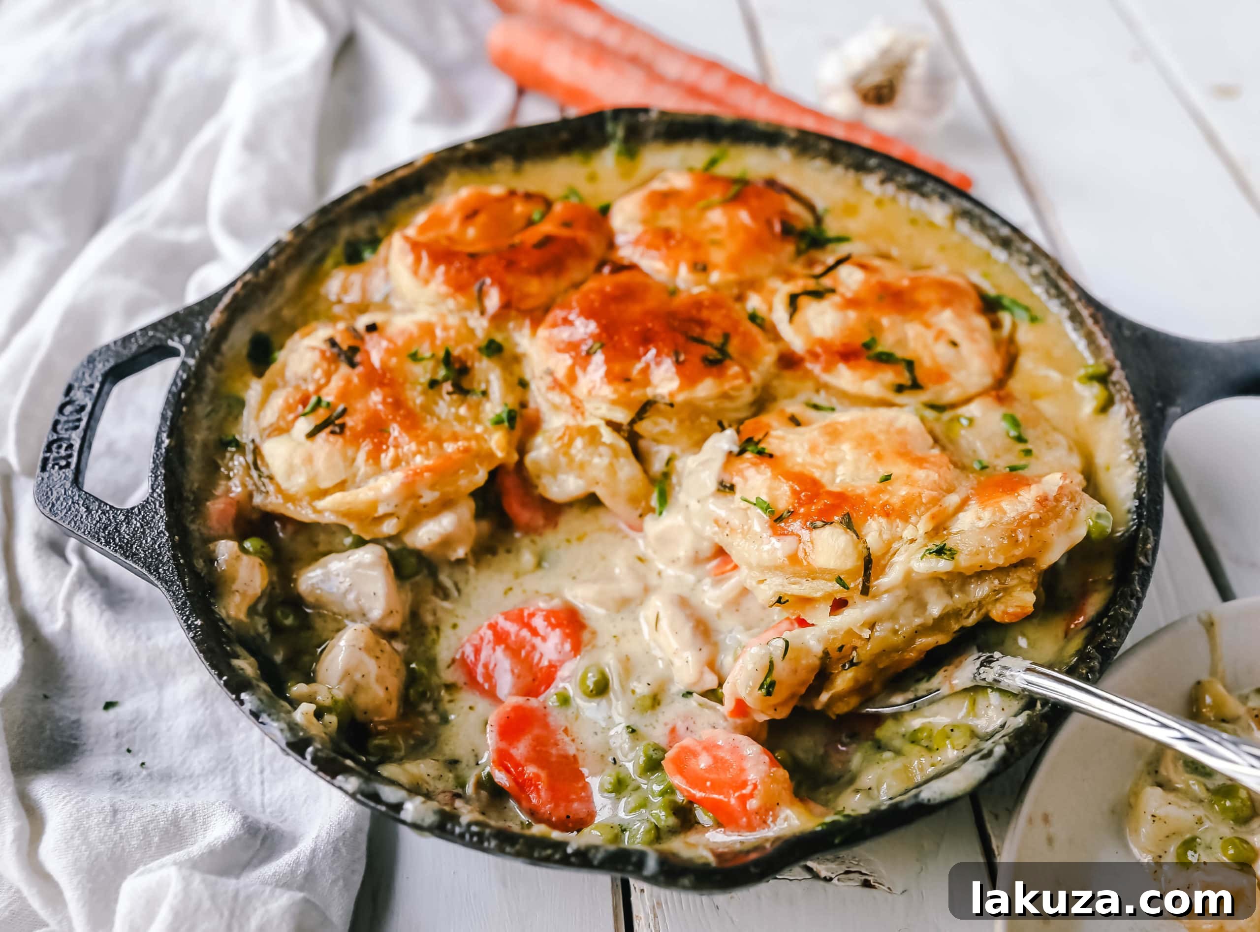 Close-up of a Skillet Chicken Pot Pie with golden, puffed pastry crust, revealing the creamy chicken and vegetable filling underneath. Delicious and easy homemade comfort food.