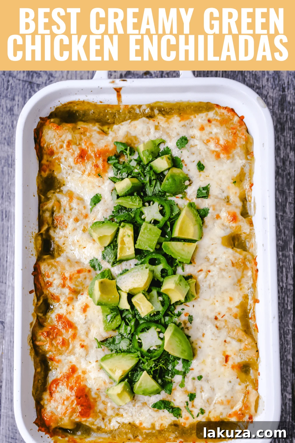 Velvety Green Chile Chicken Enchiladas 6 A close-up of a delicious plate of creamy green chile chicken enchiladas, garnished with fresh cilantro and avocado slices, ready to be enjoyed.