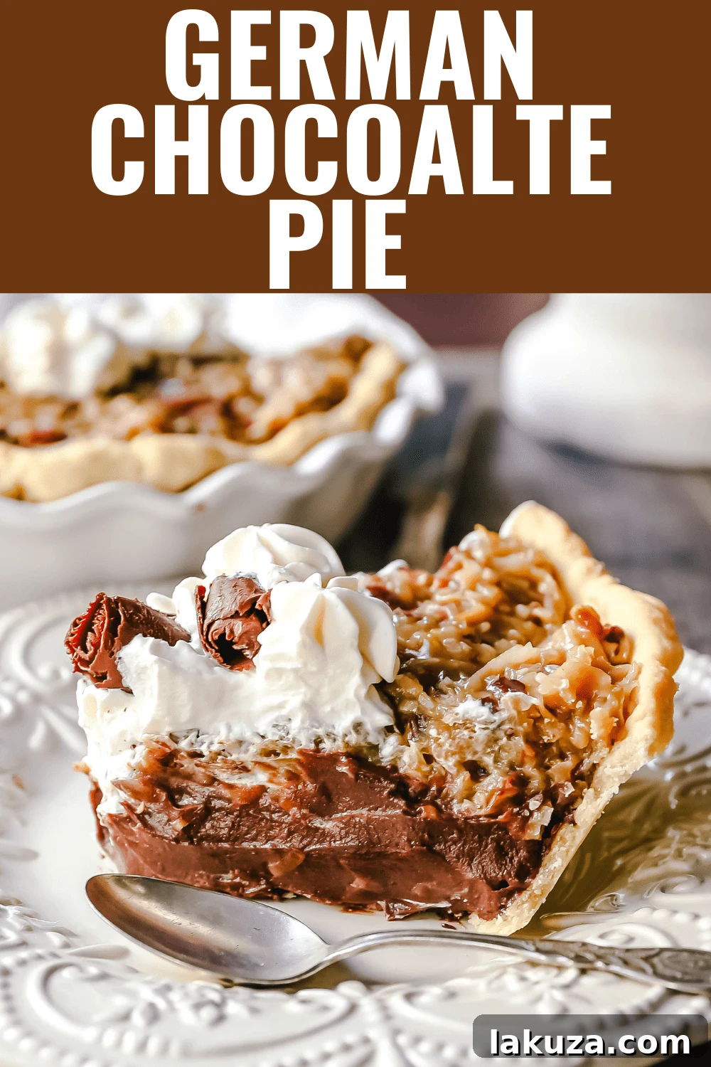 German Chocolate Pie slice with creamy chocolate, coconut-pecan topping, and whipped cream, ready to enjoy.