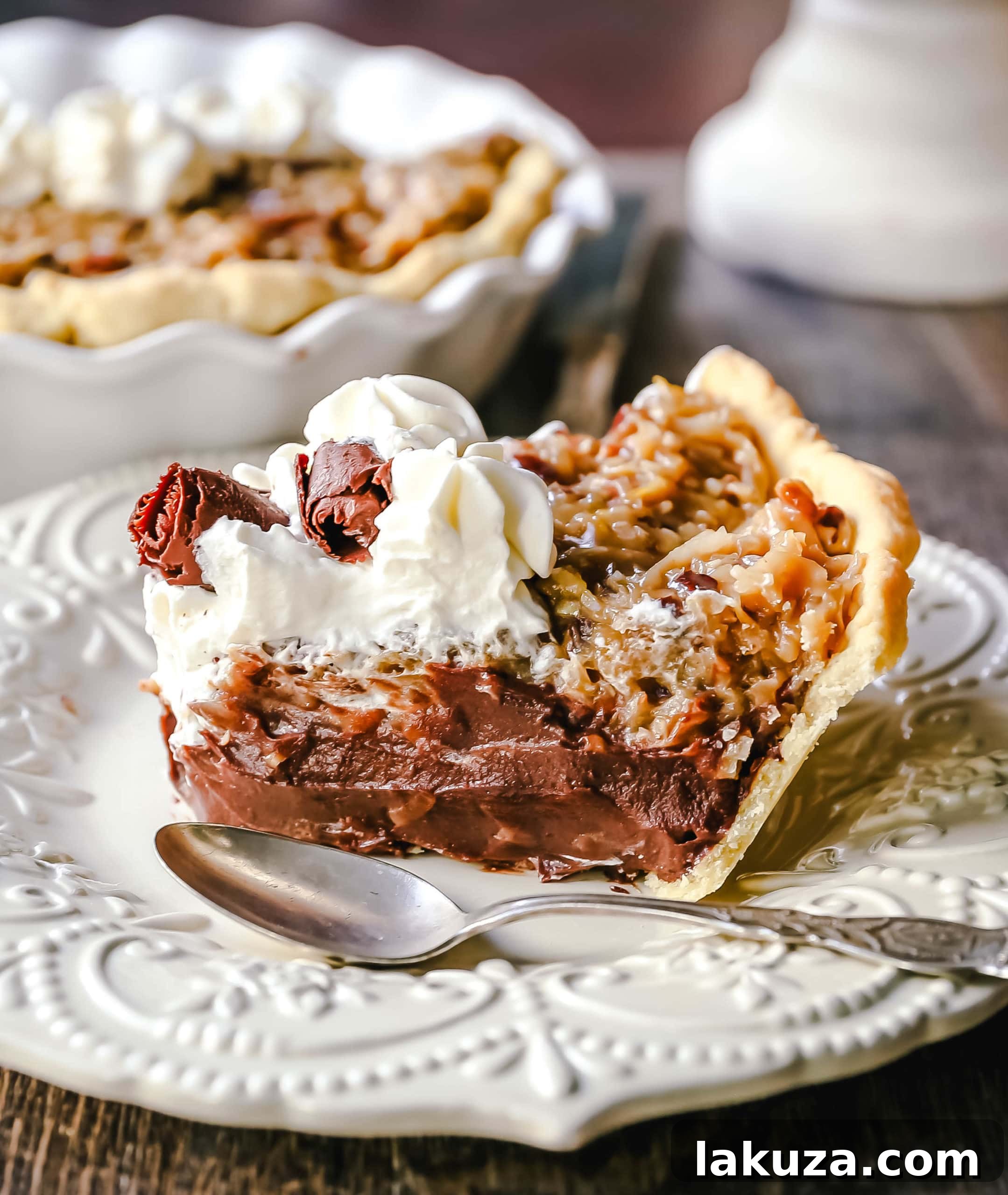 Decadent German Chocolate Pie 5 Rich, glossy chocolate custard filling for German Chocolate Pie in a mixing bowl.