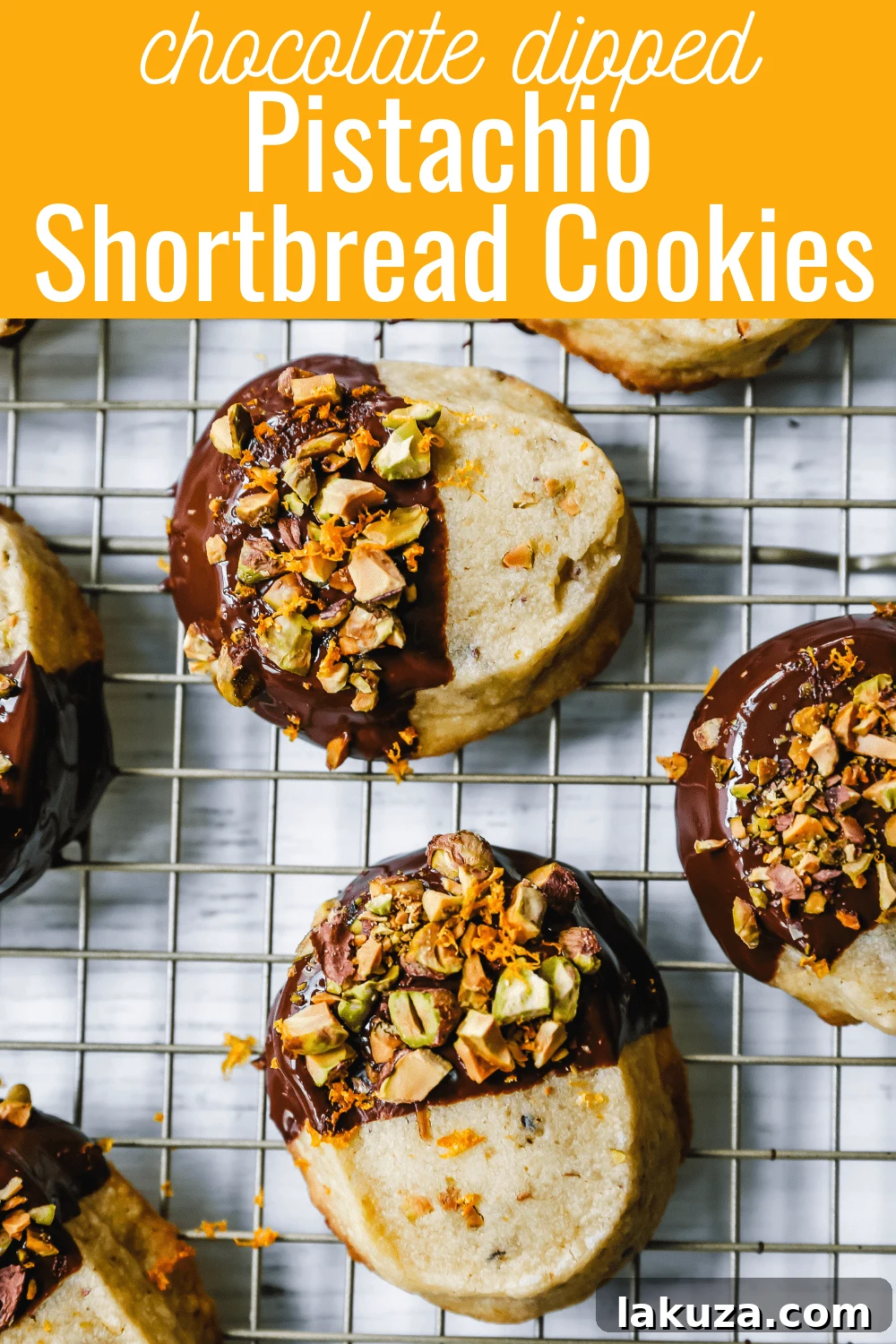 Gourmet Chocolate Dipped Pistachio Shortbread 6 Chocolate-Dipped Pistachio Shortbread Cookies with orange zest, presented beautifully for a holiday spread.