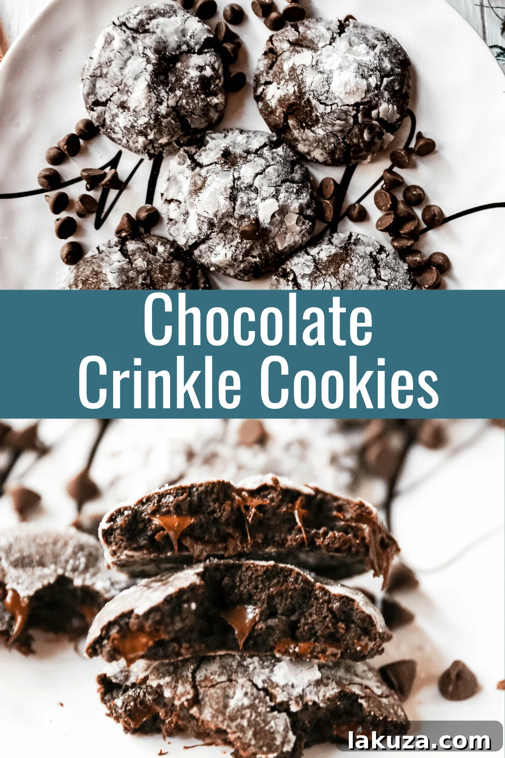 Close-up of a stack of Chocolate Crinkle Cookies, highlighting their rich texture and sugar coating.