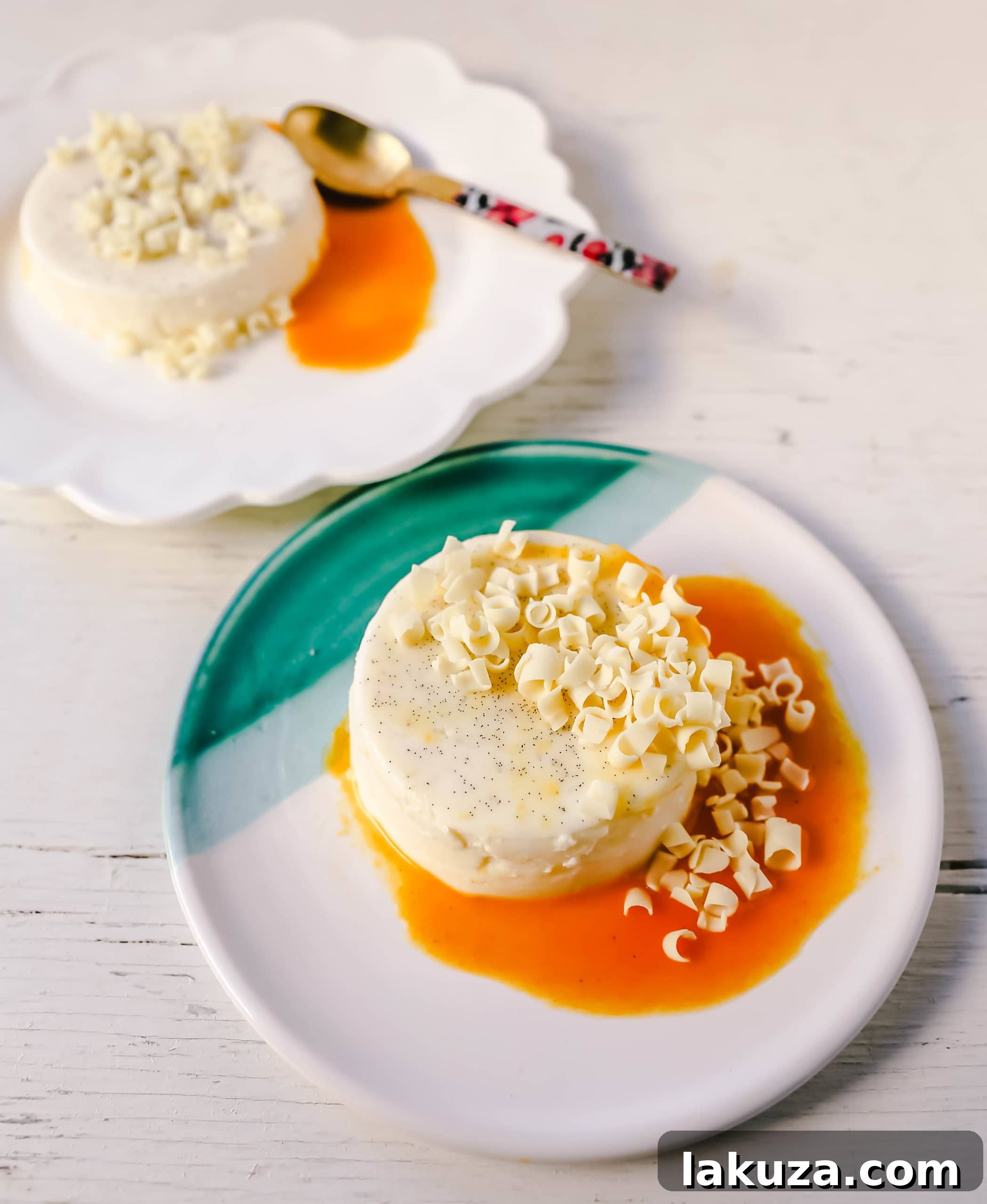 Silky Cream Dreams 5 Four individual Panna Cotta servings, each topped with a different, vibrant fruit sauce and garnish, showcasing versatility.