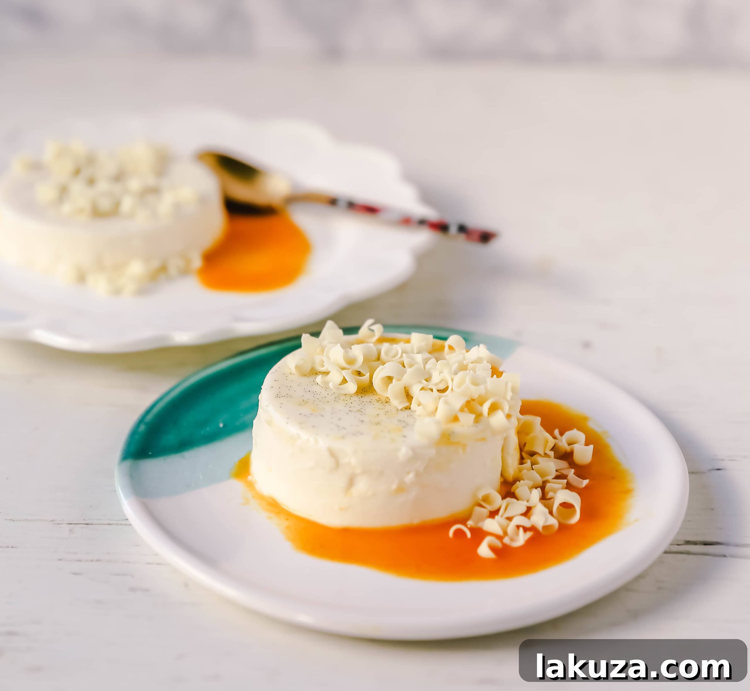 Silky Cream Dreams 6 Six individual Panna Cotta desserts, elegantly plated with various fruit toppings, ready for serving.