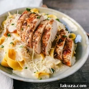 Skinny Low-Fat Chicken Fettuccine Alfredo with grilled chicken, low-fat alfredo sauce, and fettuccine noodles.