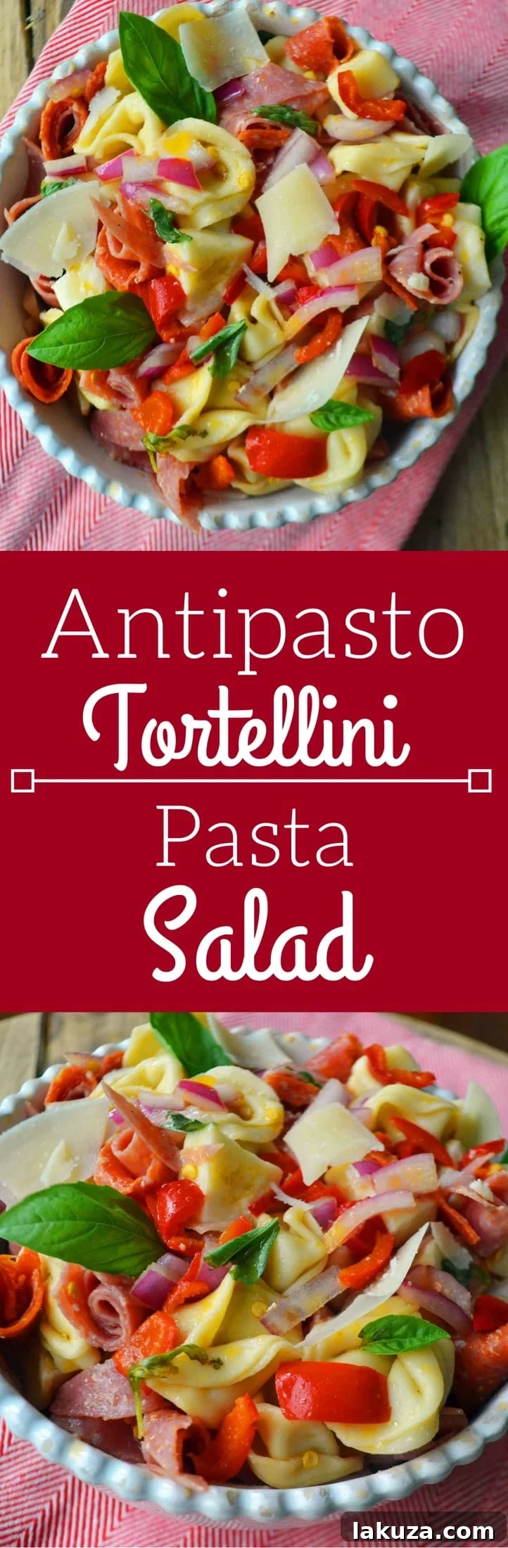 Antipasto Tortellini Pasta Salad. This Antipasto Tortellini Pasta Salad starts off with creamy cheese tortellini topped with Genoa salami, pepperoni, fresh mozzarella, roasted red peppers, red onion, fresh basil, and finished off with an olive oil and red wine vinaigrette. The vinaigrette is simple – focusing on the clean flavor of extra virgin olive oil and the tangy bite from the vinaigrette. This keeps the salad light and fresh instead of being weighed down by a mayonnaise based dressing. A versatile and delicious side dish for any occasion. Modern Honey Recipe.