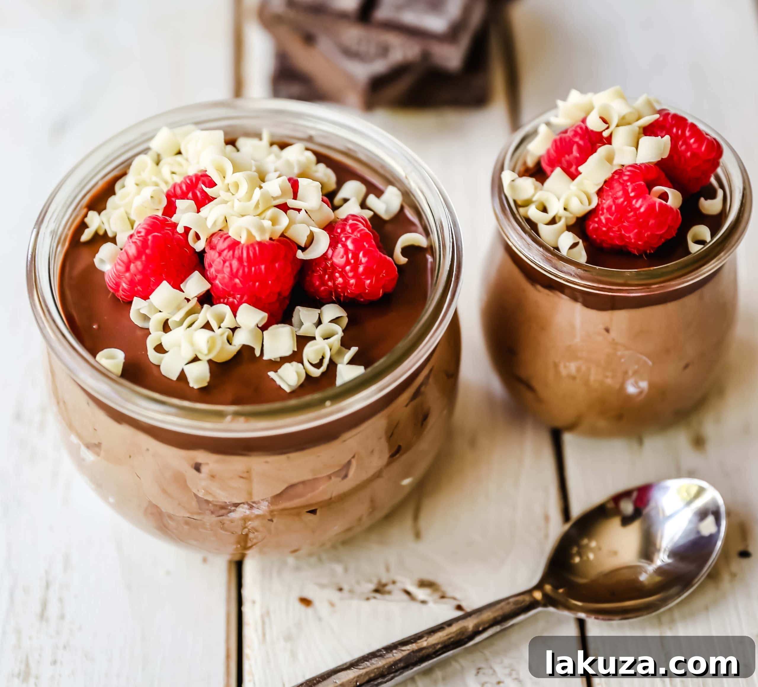 A stunning side view of Chocolate Nutella Cheesecake Mousse in a clear glass, showing distinct layers of Oreo crust, creamy Nutella mousse, and a fluffy whipped cream topping, garnished with fresh raspberries. This easy, no-bake dessert uses only four ingredients and takes 5 minutes to prepare. #nobakerecipe #dessertideas #chocolatenutella #cheesecakemousse
