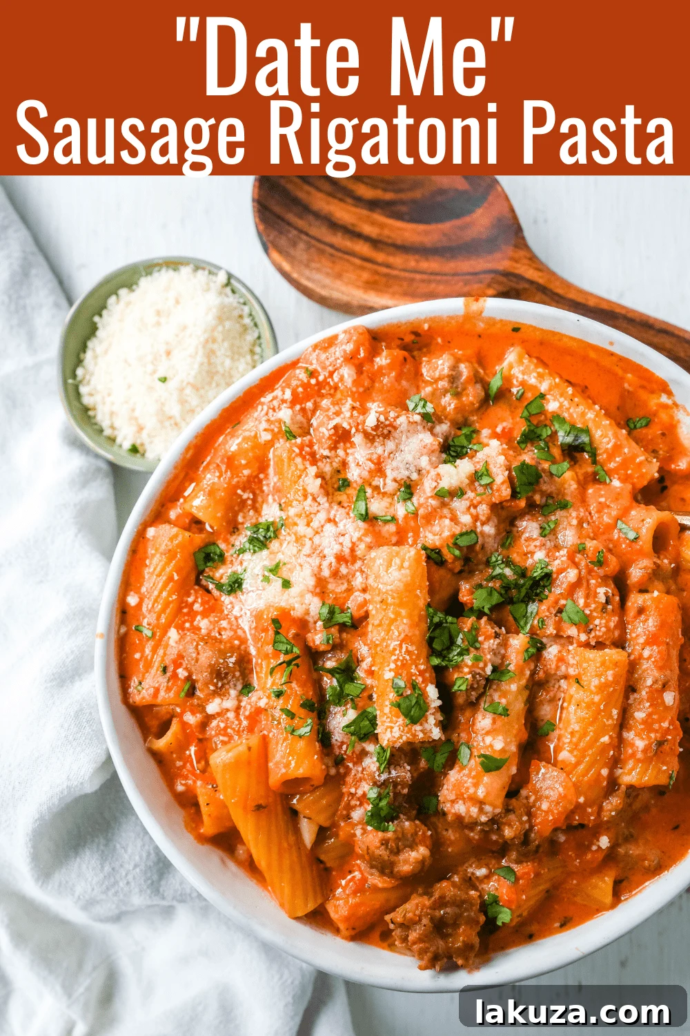 A large serving of 'Date Me' Creamy Sausage Rigatoni Pasta in a bowl, ready to be enjoyed.