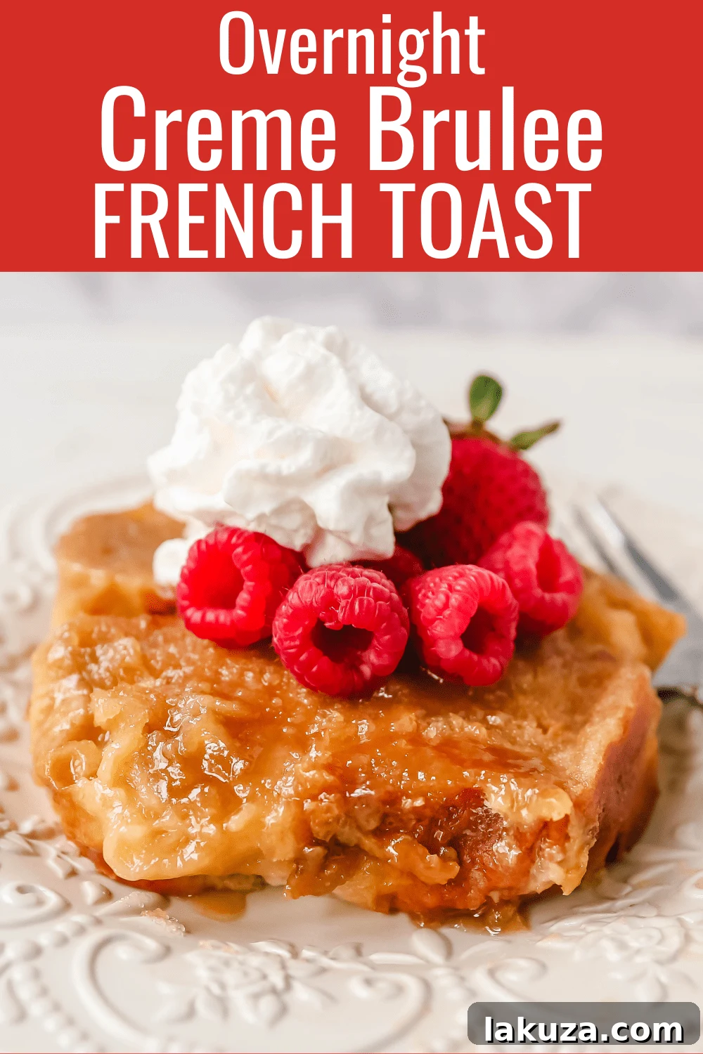 Make-Ahead Creme Brûlée French Toast Bake 5 Overnight Creme Brulee French Toast, a close-up shot of the golden crust and tender interior, topped with a sprinkle of powdered sugar and fresh berries, ready for serving.