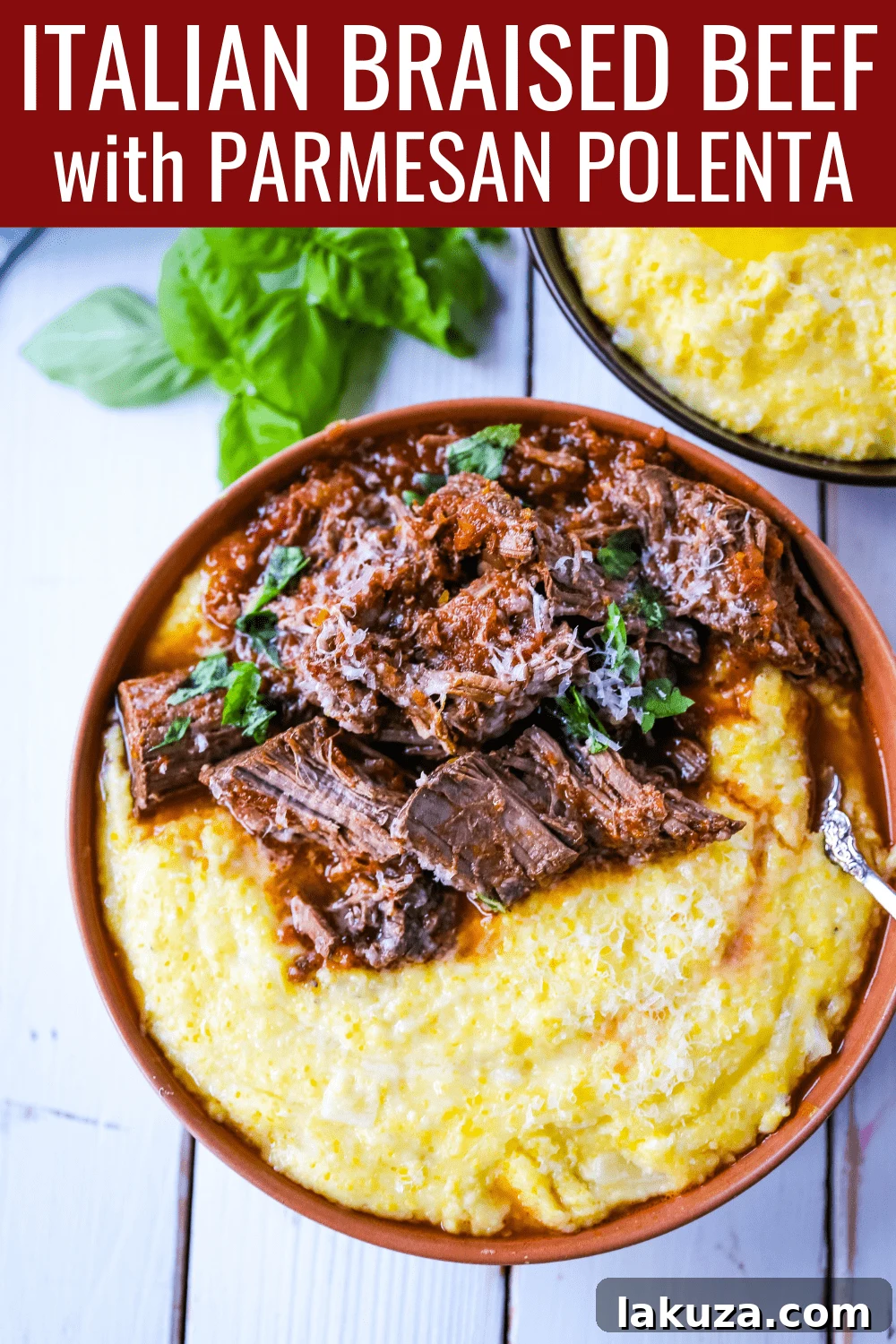 Rustic individual serving of Italian Braised Beef Ragu with Parmesan Polenta in a bowl