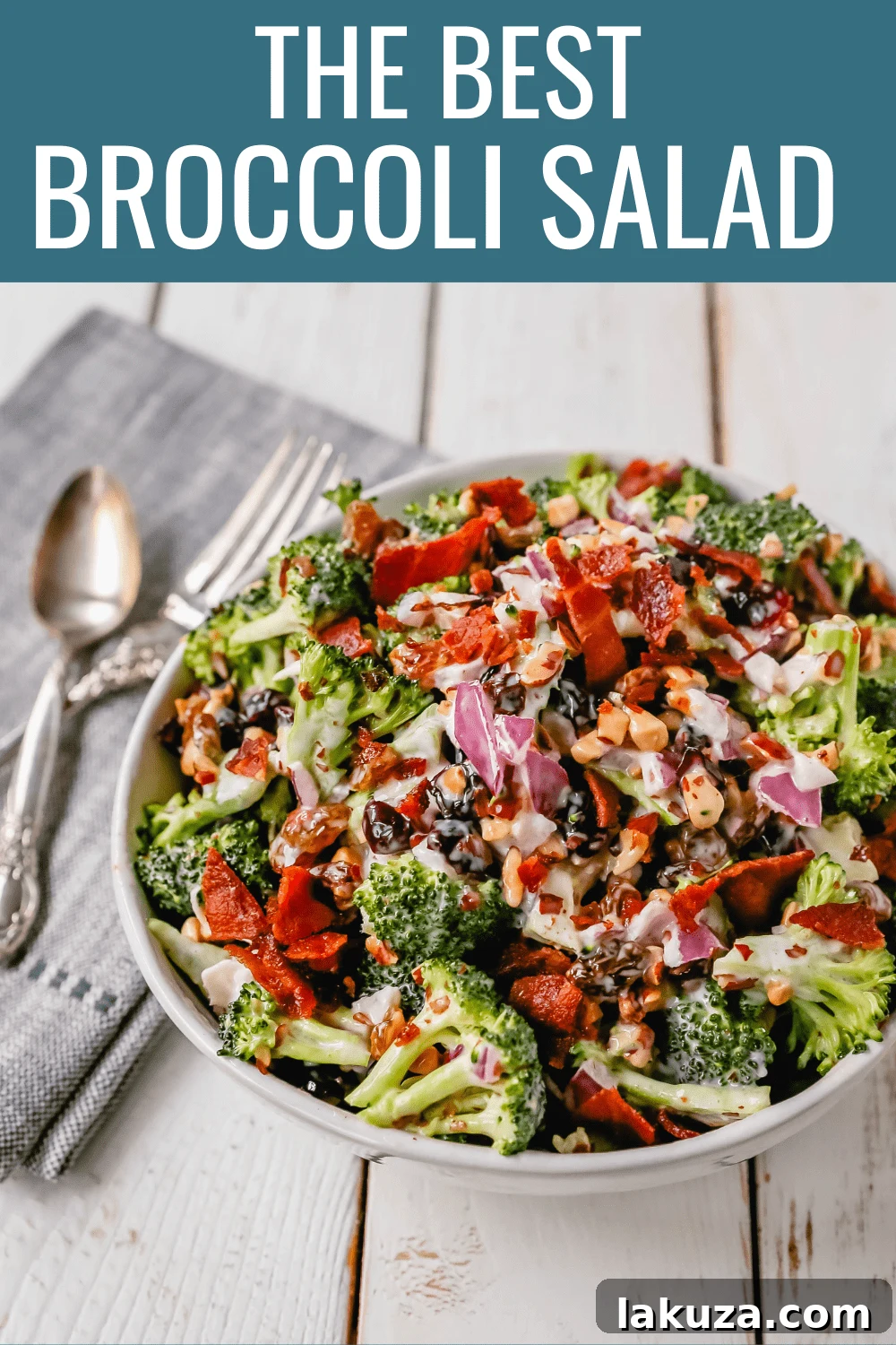 Broccoli Salad. Crunchy broccoli salad with crispy bacon, sweet dried cranberries, onion, nuts, tossed in a sweet and tangy dressing. A classic potluck side dish recipe! www.modernhoney.com #broccolisalad #sidedish #potluck #sides