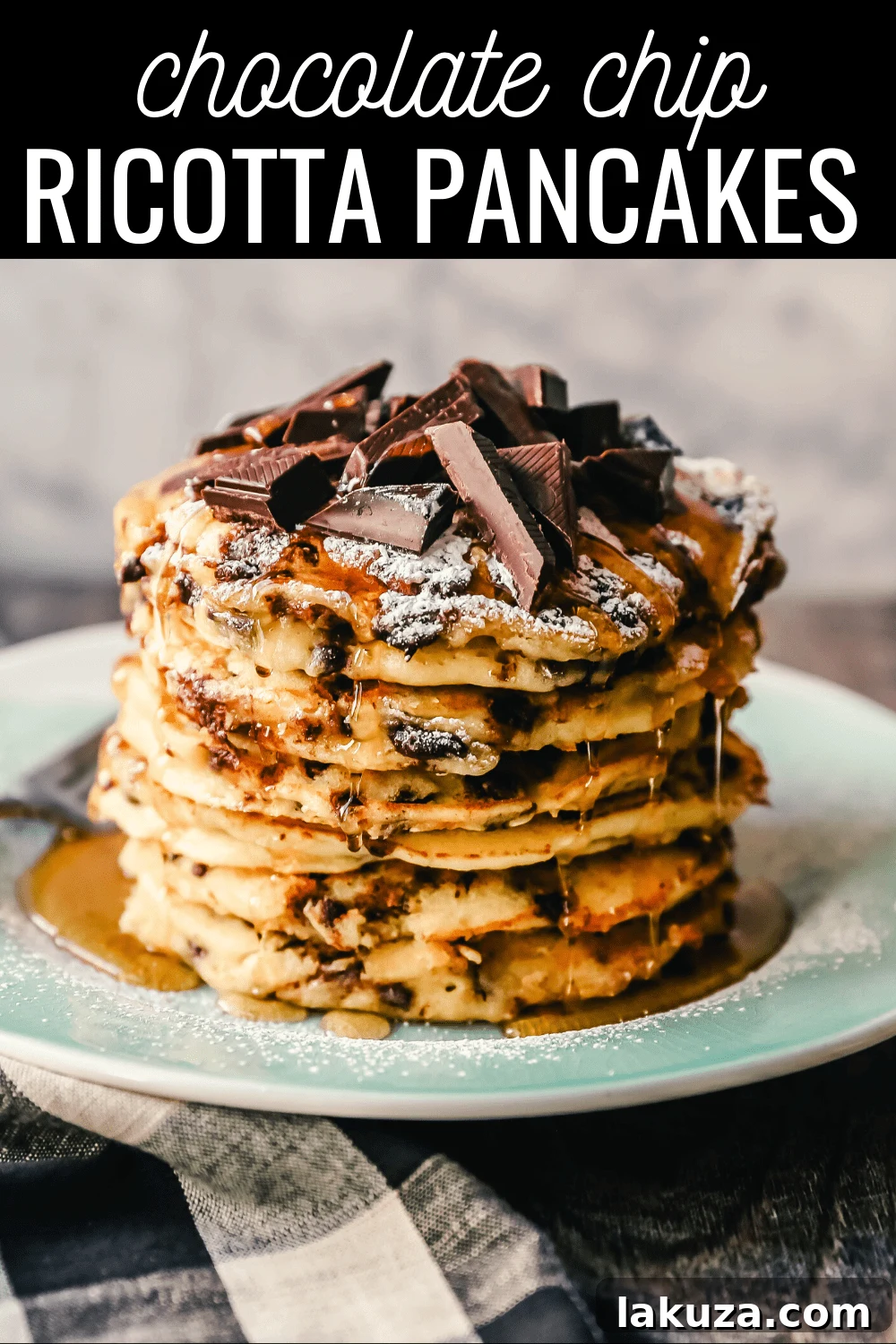 Chocolate Chip Ricotta Pancakes Stack - Fluffy, delicious, and easy homemade pancake recipe for breakfast or brunch.