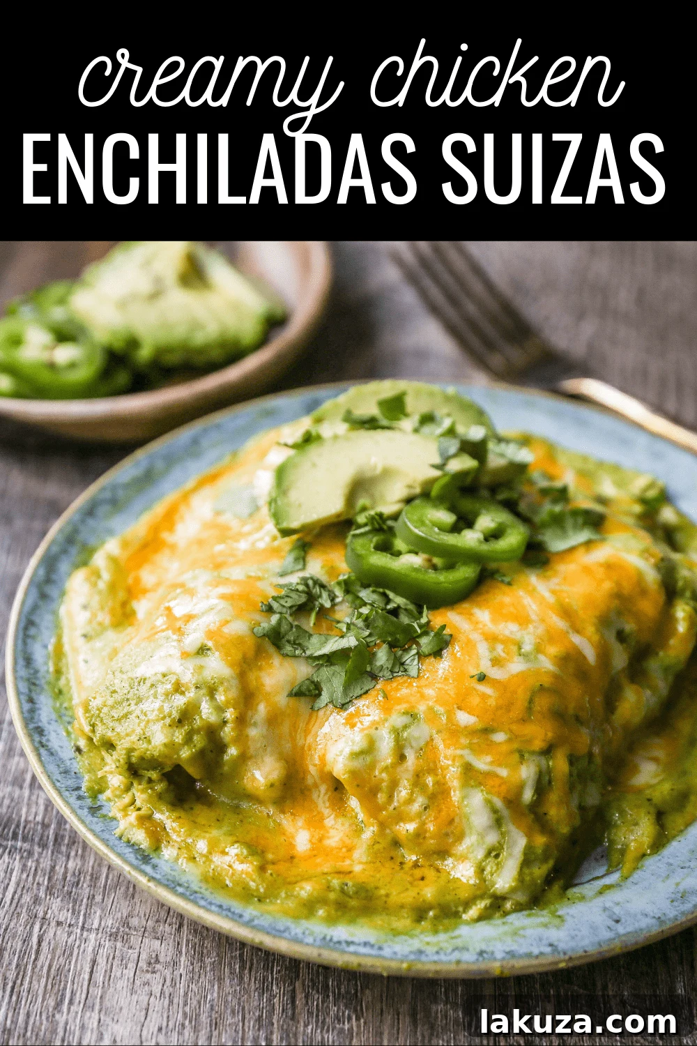 A serving of creamy Chicken Enchiladas Suizas, garnished with fresh cilantro, ready to be enjoyed.