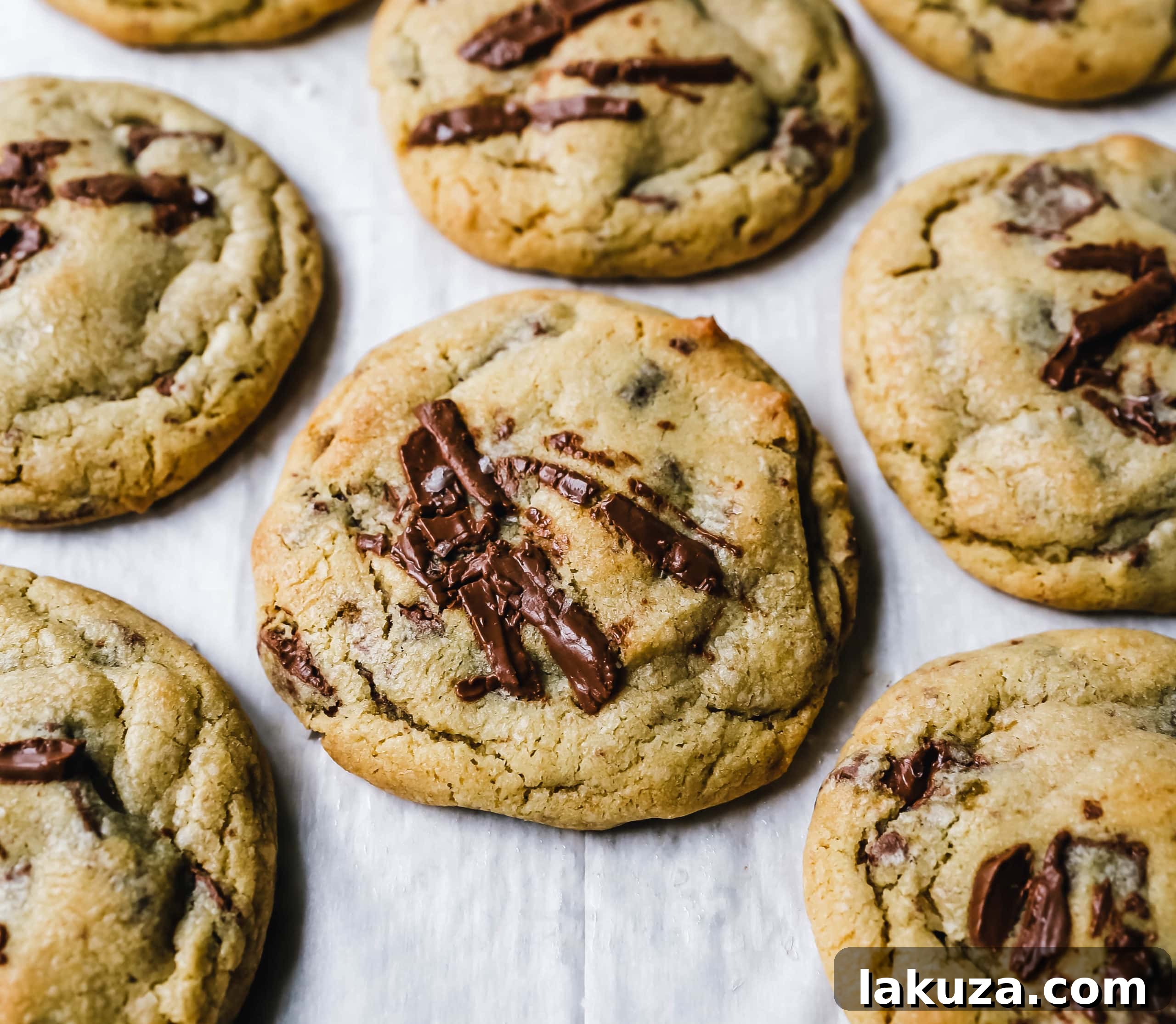 Close-up of a stack of freshly baked classic chocolate chip cookies, showcasing their soft texture and gooey chocolate.