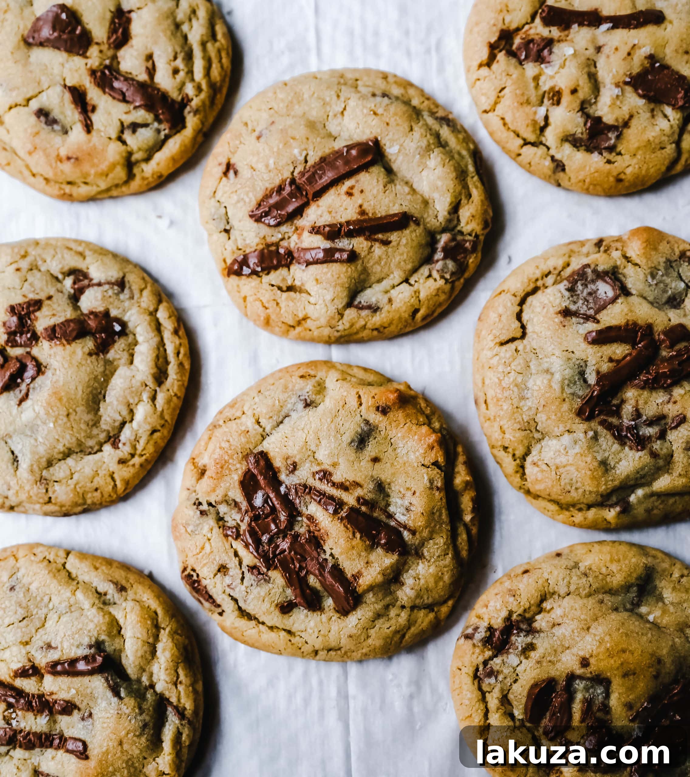 Hands placing chocolate chip cookie dough balls onto a parchment-lined baking sheet, ready for the oven.