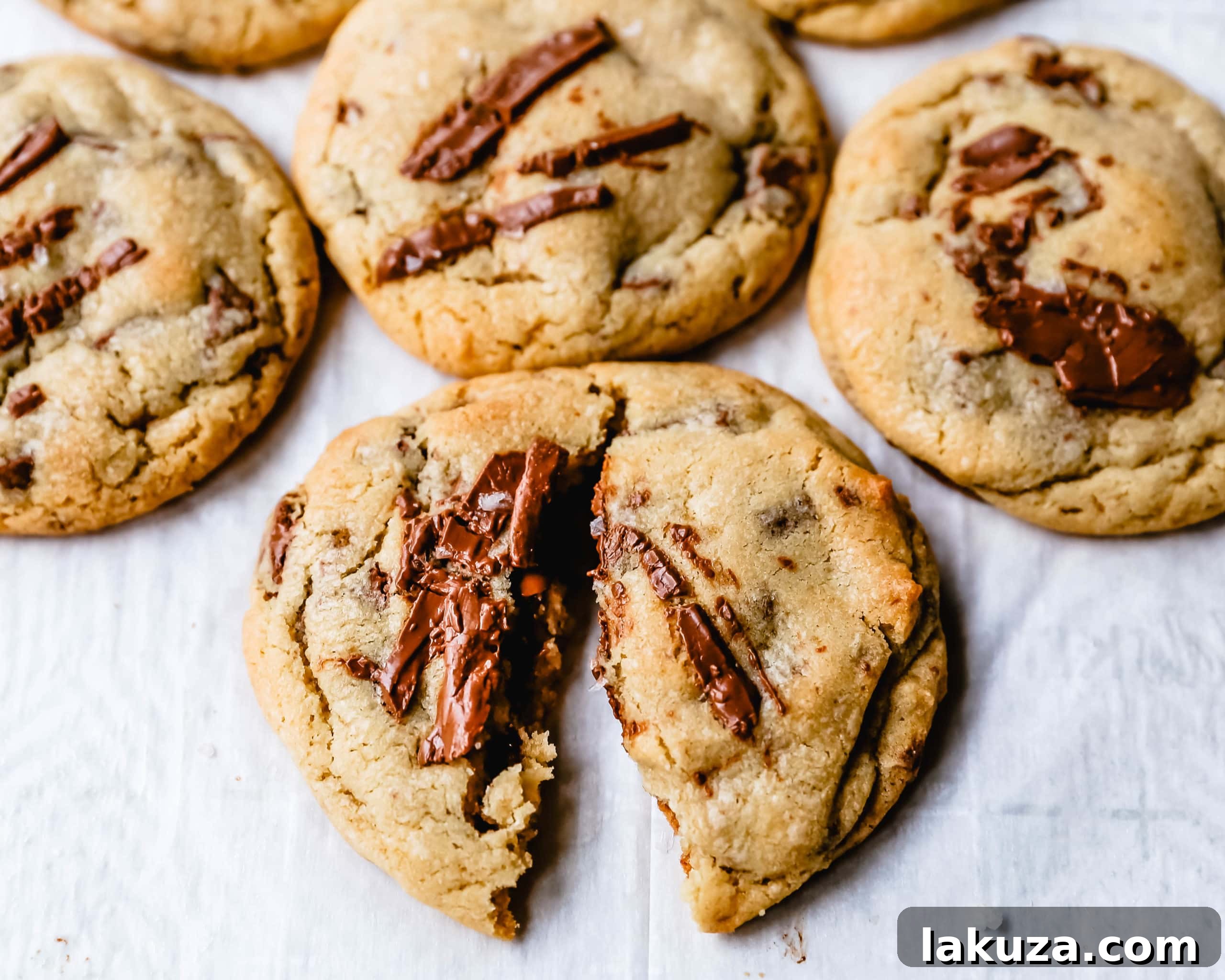 A close-up shot of a single classic chocolate chip cookie, revealing its perfectly golden exterior and rich, melted chocolate interior.