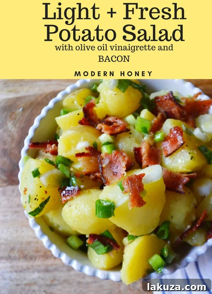 Potato Salad Reimagined 5 German Potato Salad, mayo-free, with crispy bacon, green onions, and fresh parsley for a summer BBQ or gathering.