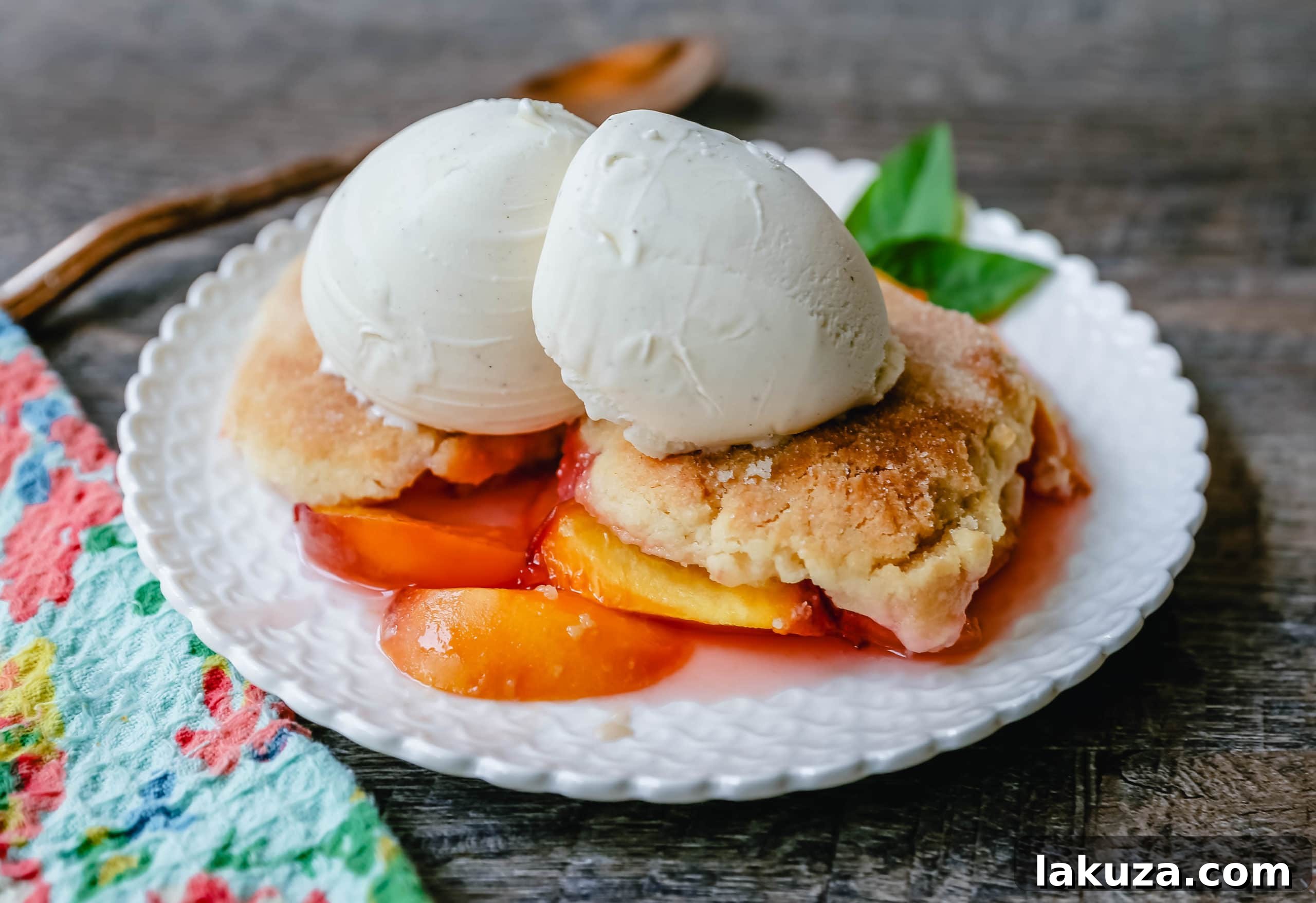 The Best Peach Cobbler Recipe: Juicy fresh peaches with a unique sugar cookie and sweet biscuit topping.