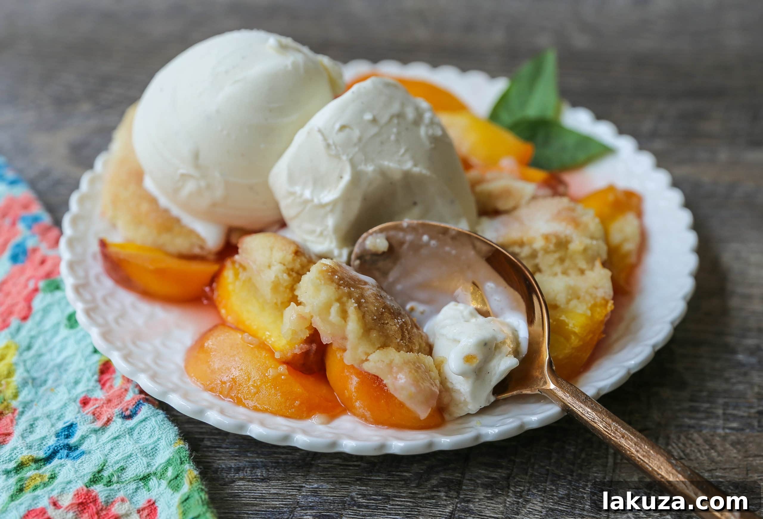 Close-up of peach cobbler with ice cream, showcasing the golden topping and juicy peaches.