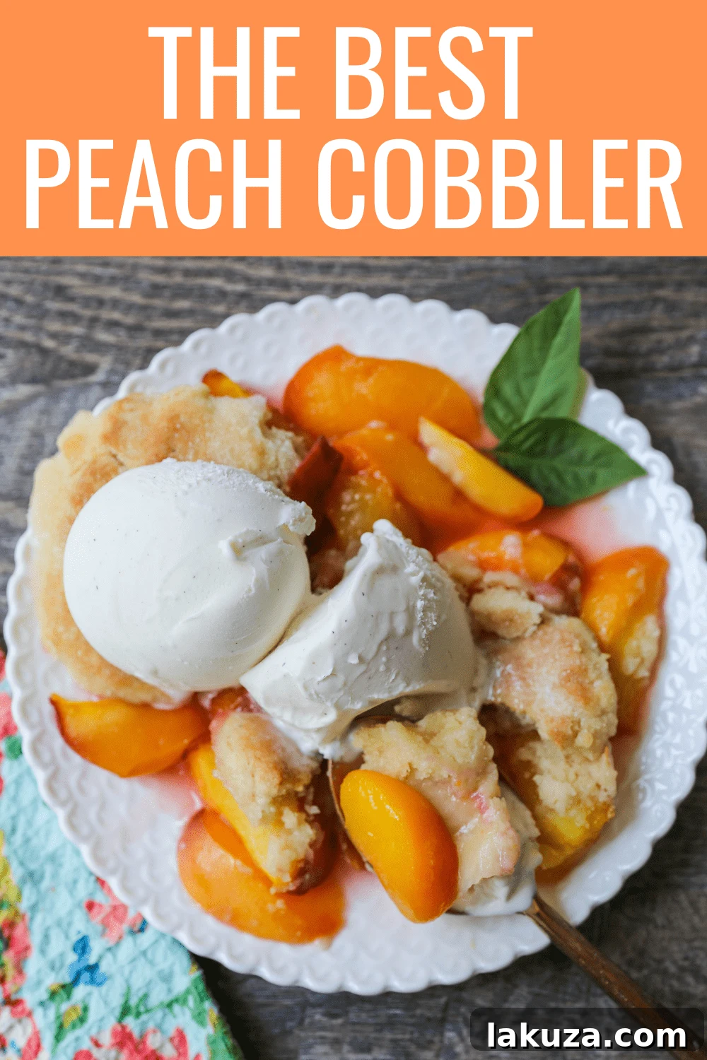 Beautifully plated peach cobbler, served in a bowl with vanilla ice cream, ready to be enjoyed.
