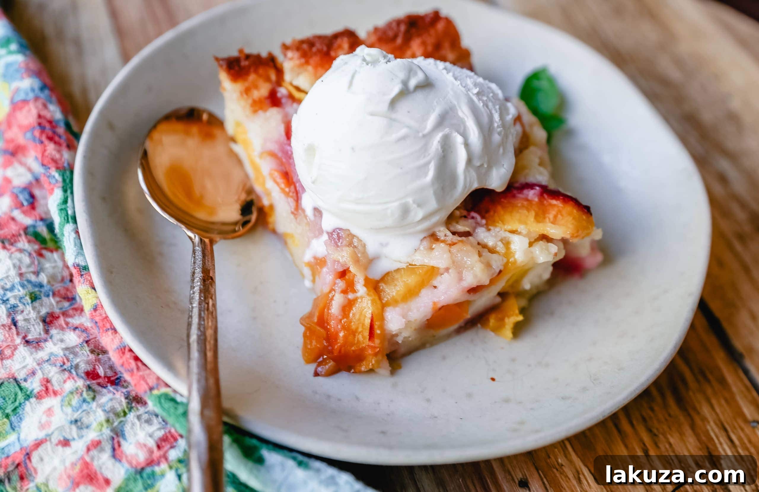 Classic Texas-style peach cobbler with fresh peaches and a golden, buttery topping, served warm.