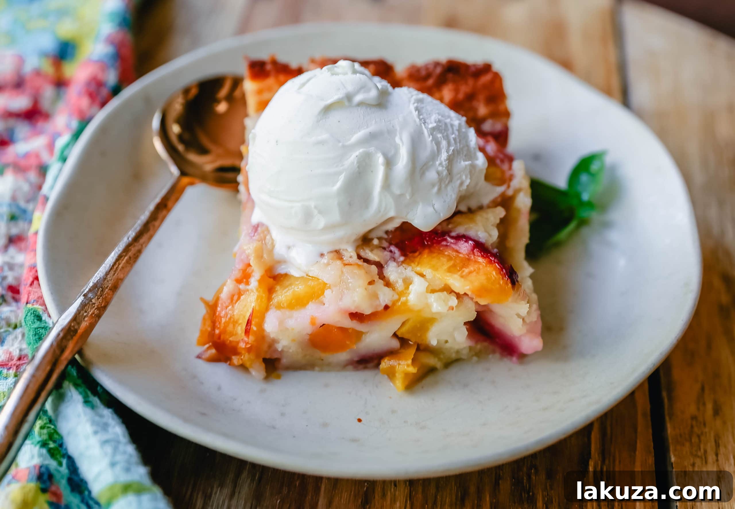 Serving of warm Texas-style peach cobbler topped with melting vanilla ice cream in a white bowl.
