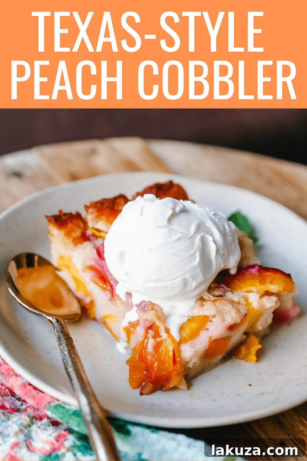 Overhead shot of Texas-style peach cobbler fresh from the oven, ready to be served.