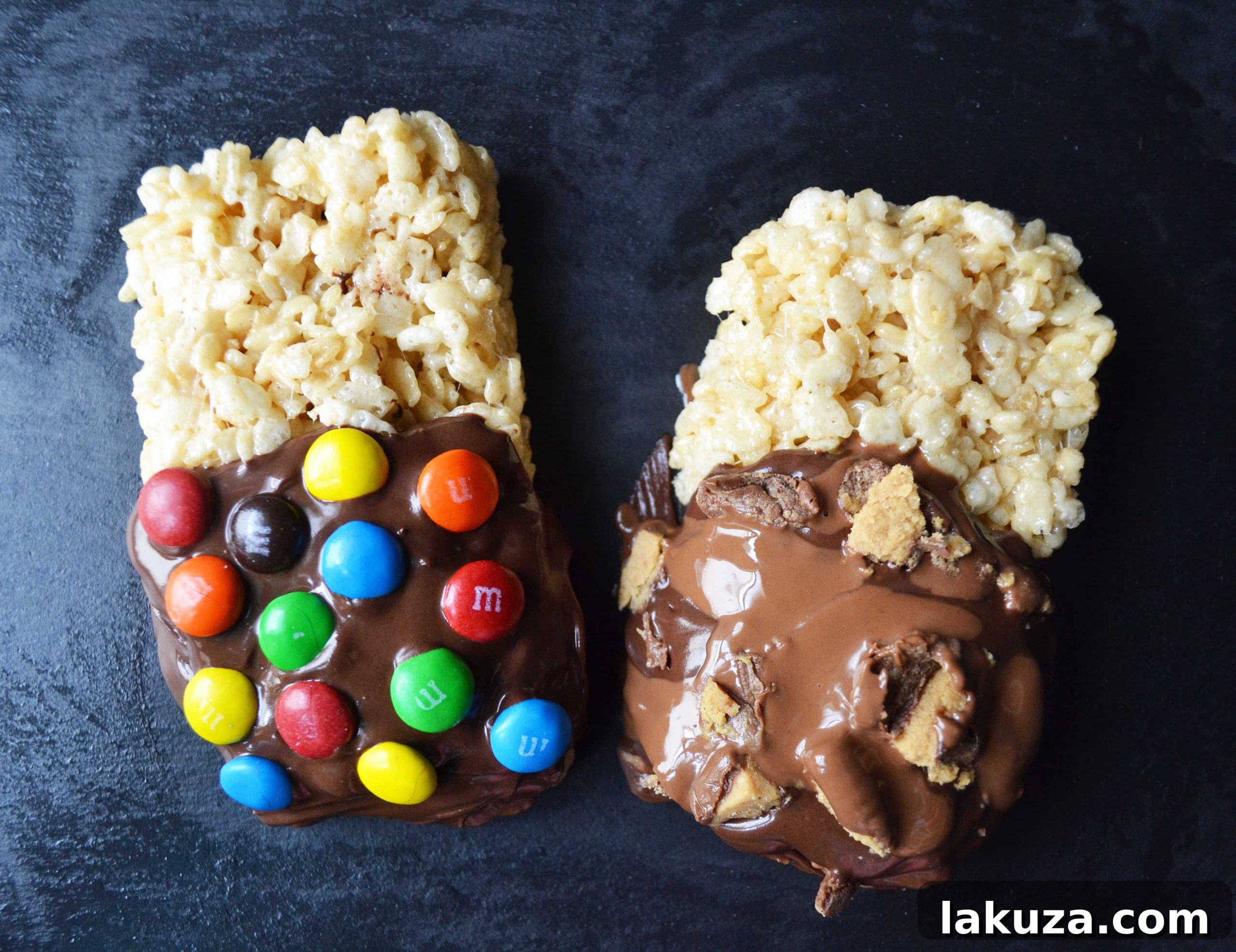 Irresistible Chocolate Coated Krispie Bars 2 Classic Rice Krispies Treats with a decadent chocolate dip, topped with colorful sprinkles, showcasing a homemade dessert.